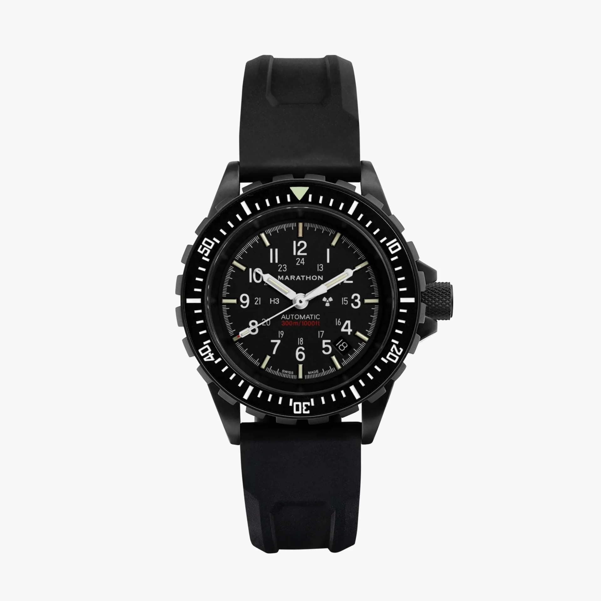 Black Marathon automatic dive watch with white numerals, luminous hands, and black rubber strap.