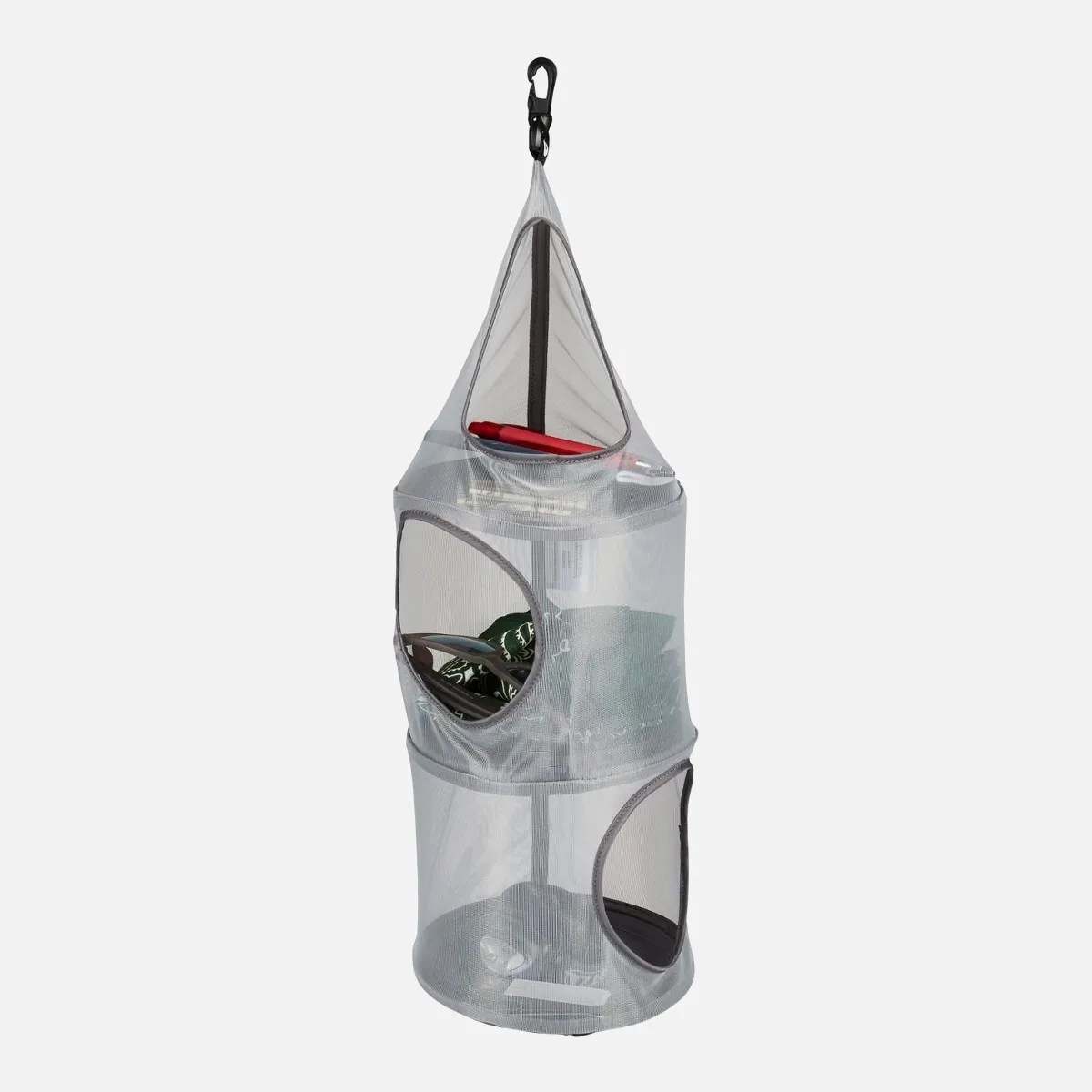 Gray three-tier hanging mesh organizer with black trim and a black clip at the top, containing various items.