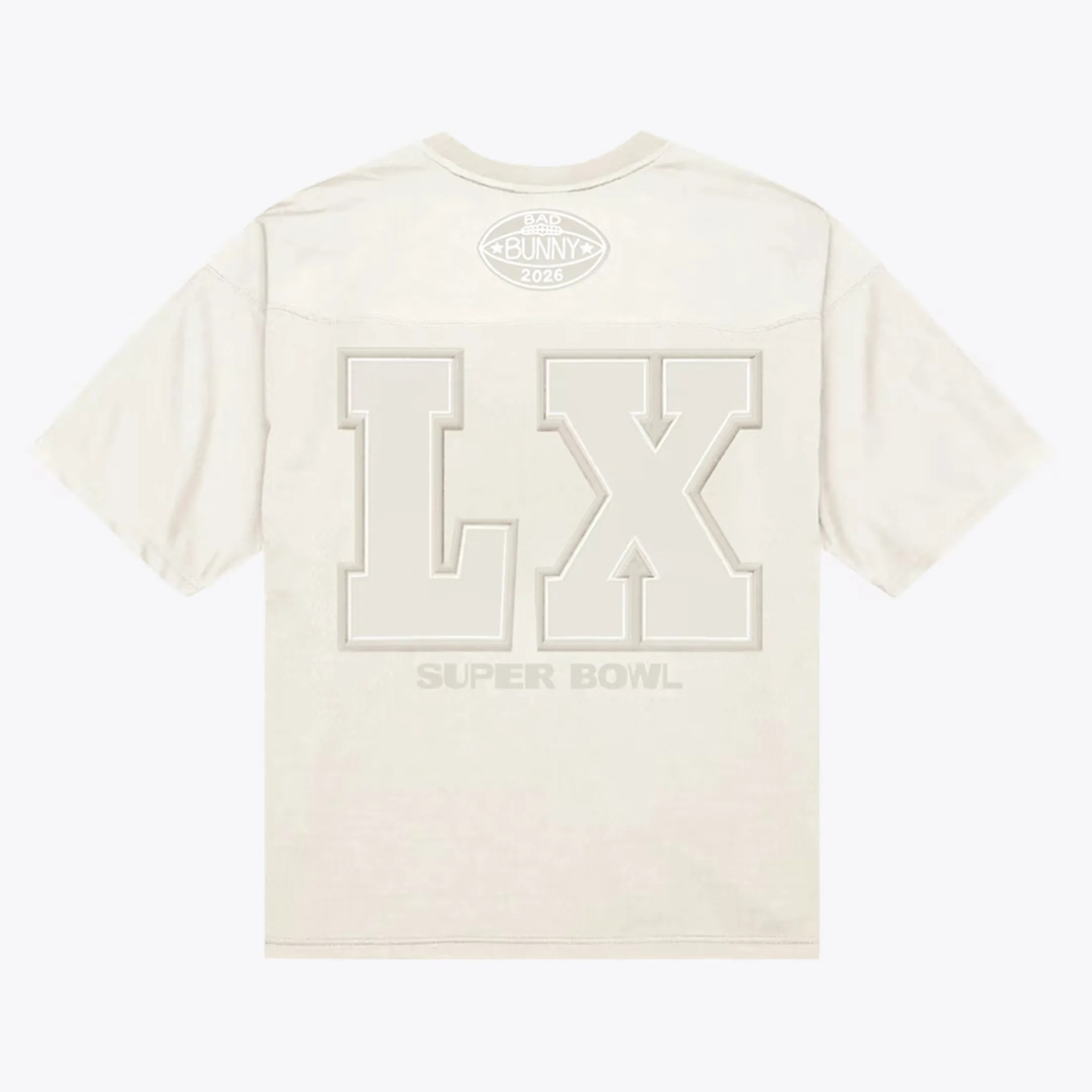 Off-white short-sleeve T-shirt with large "LX" and "Super Bowl" text and a small "Bad Bunny 2026" logo on the back.