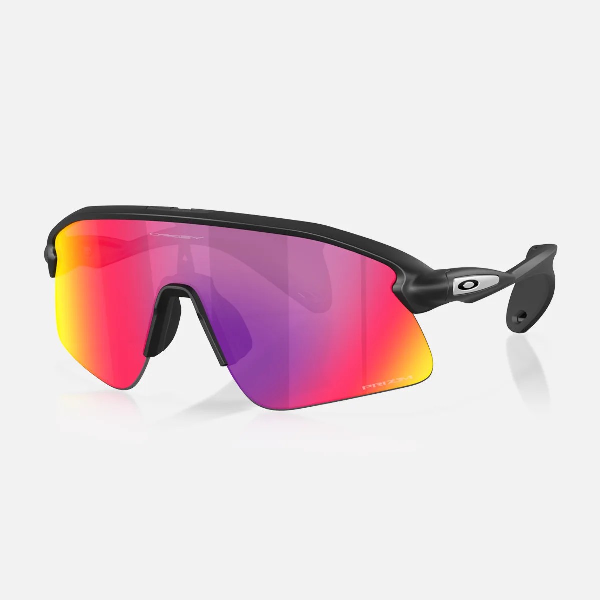 Black Oakley sports sunglasses with a single large red-orange-purple gradient lens and silver logo on the temple.