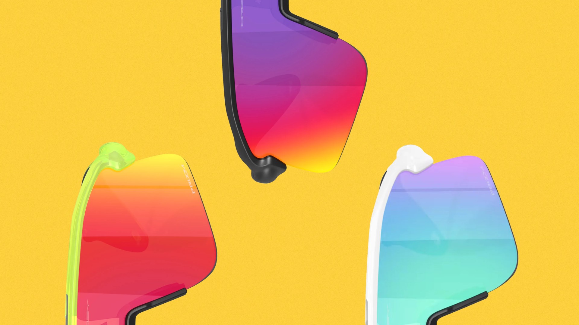 Three pairs of sports sunglasses with gradient lenses in red-yellow, purple-red, and blue-green on a yellow background.