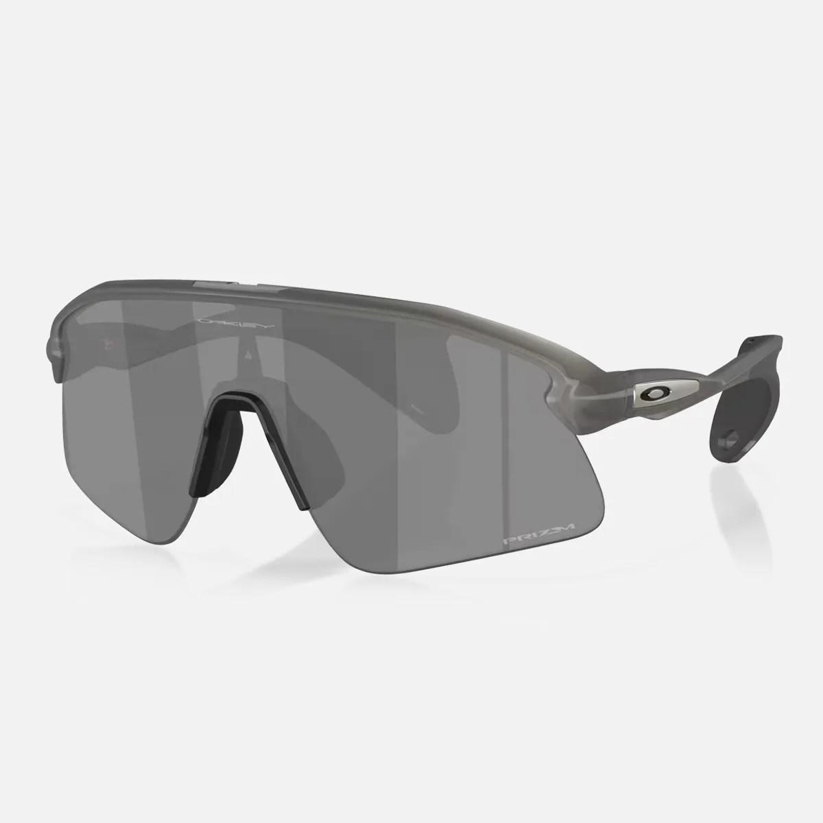 Gray Oakley sports sunglasses with a single wraparound Prizm lens and a translucent frame.