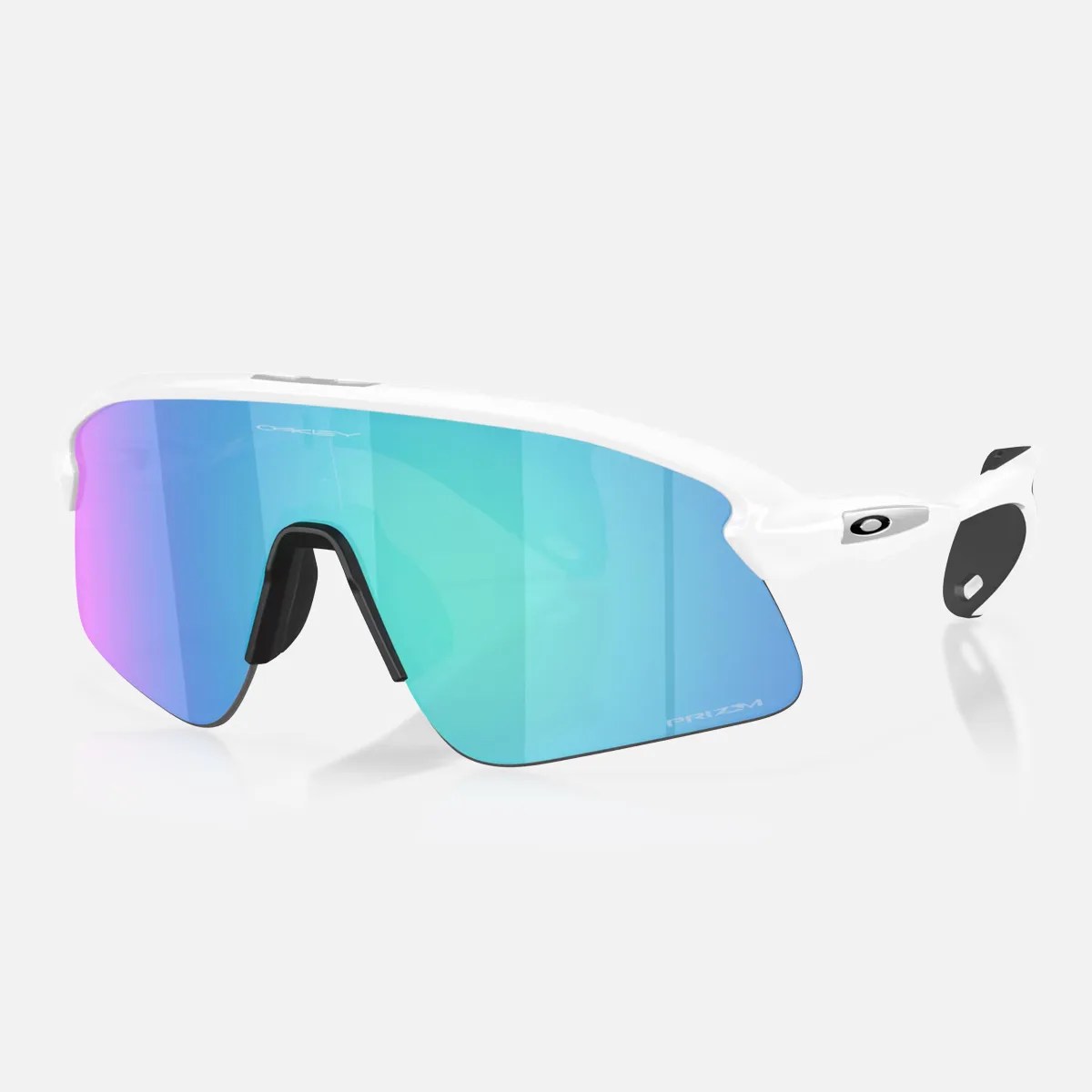 White Oakley sports sunglasses with a single large blue-green mirrored lens and black nose pads.