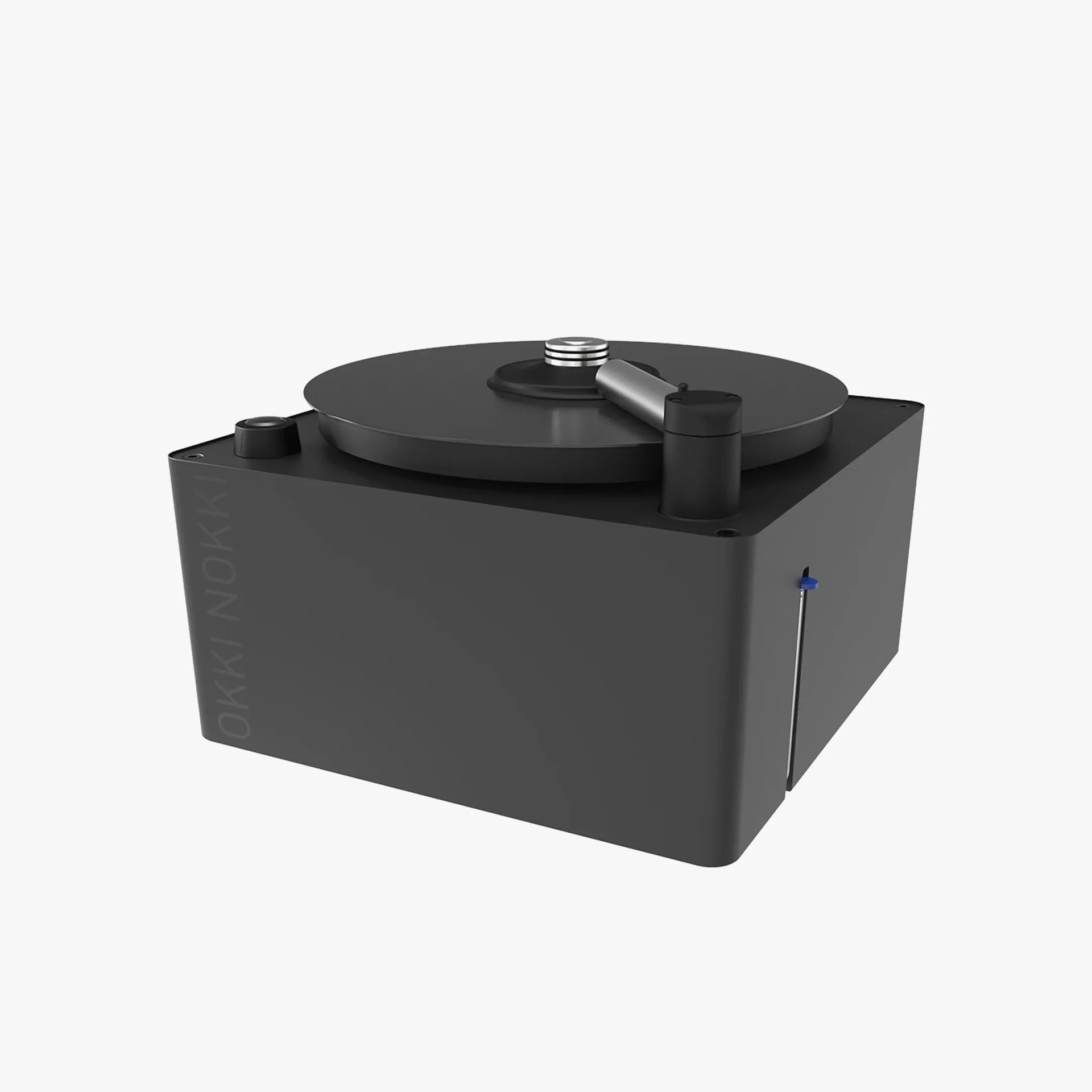 Matte black modern turntable with a cylindrical tonearm and a square base.