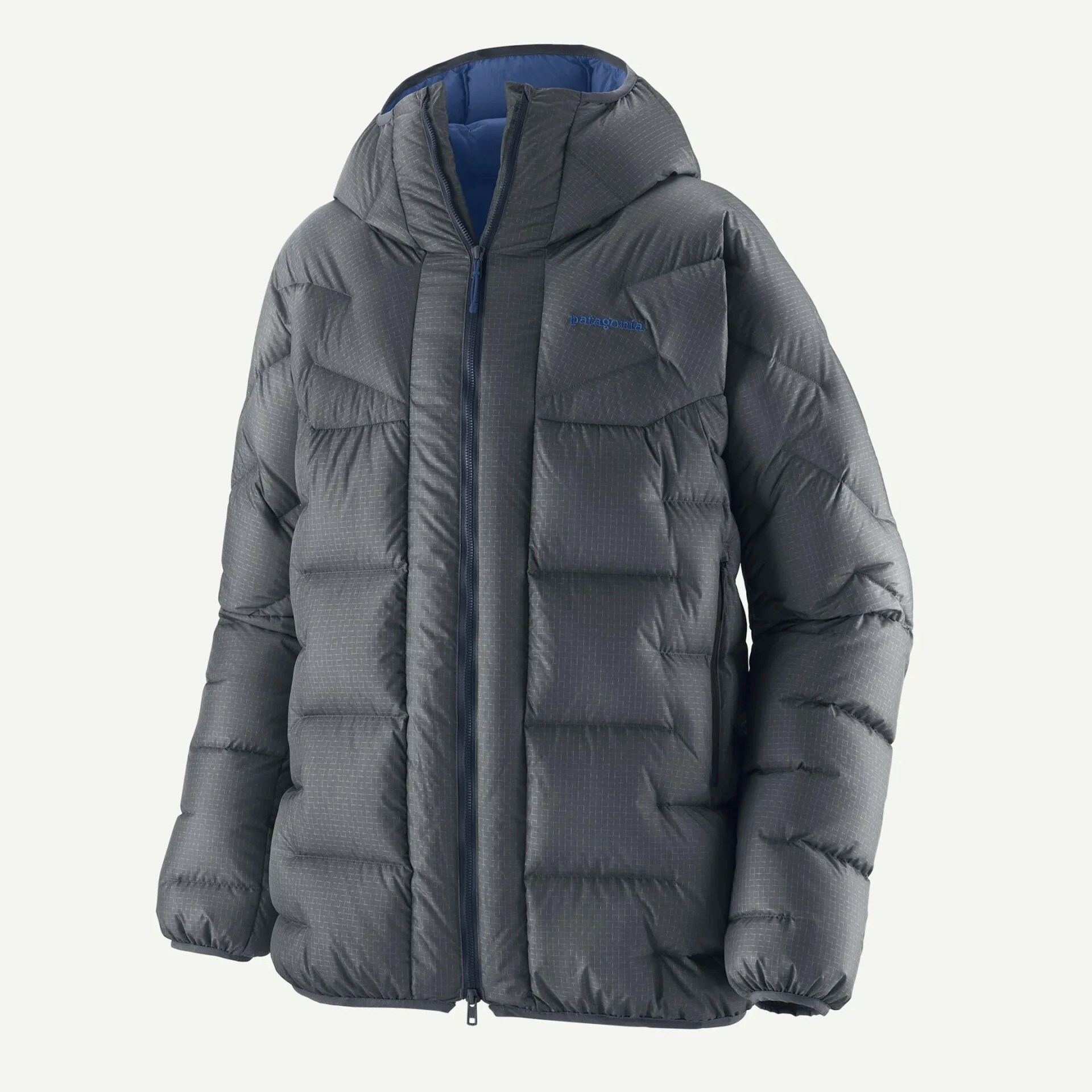 Dark gray puffer jacket with hood and front zipper, featuring subtle grid pattern and blue interior lining.