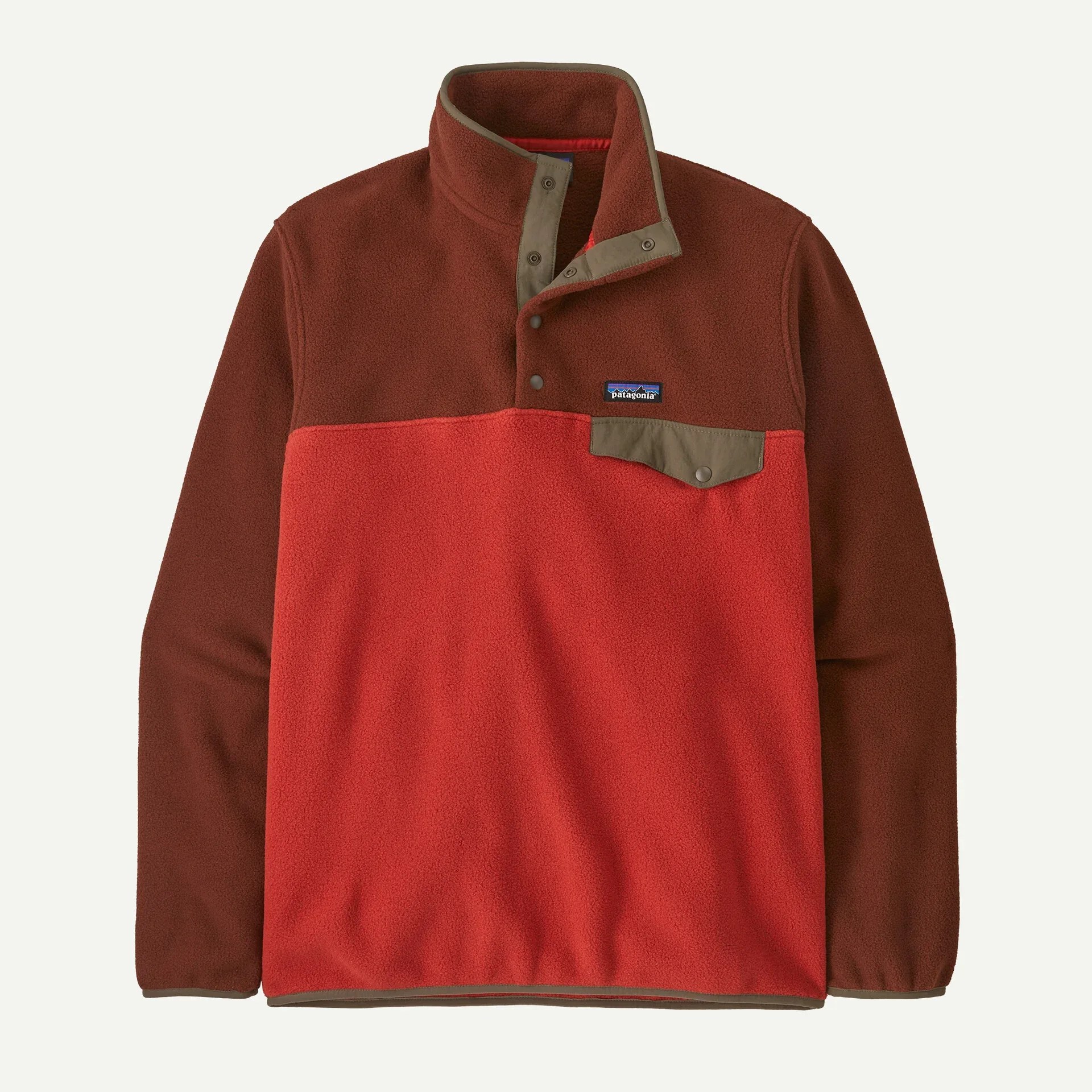 Two-tone Patagonia fleece pullover in rust and red with snap button collar and chest pocket.