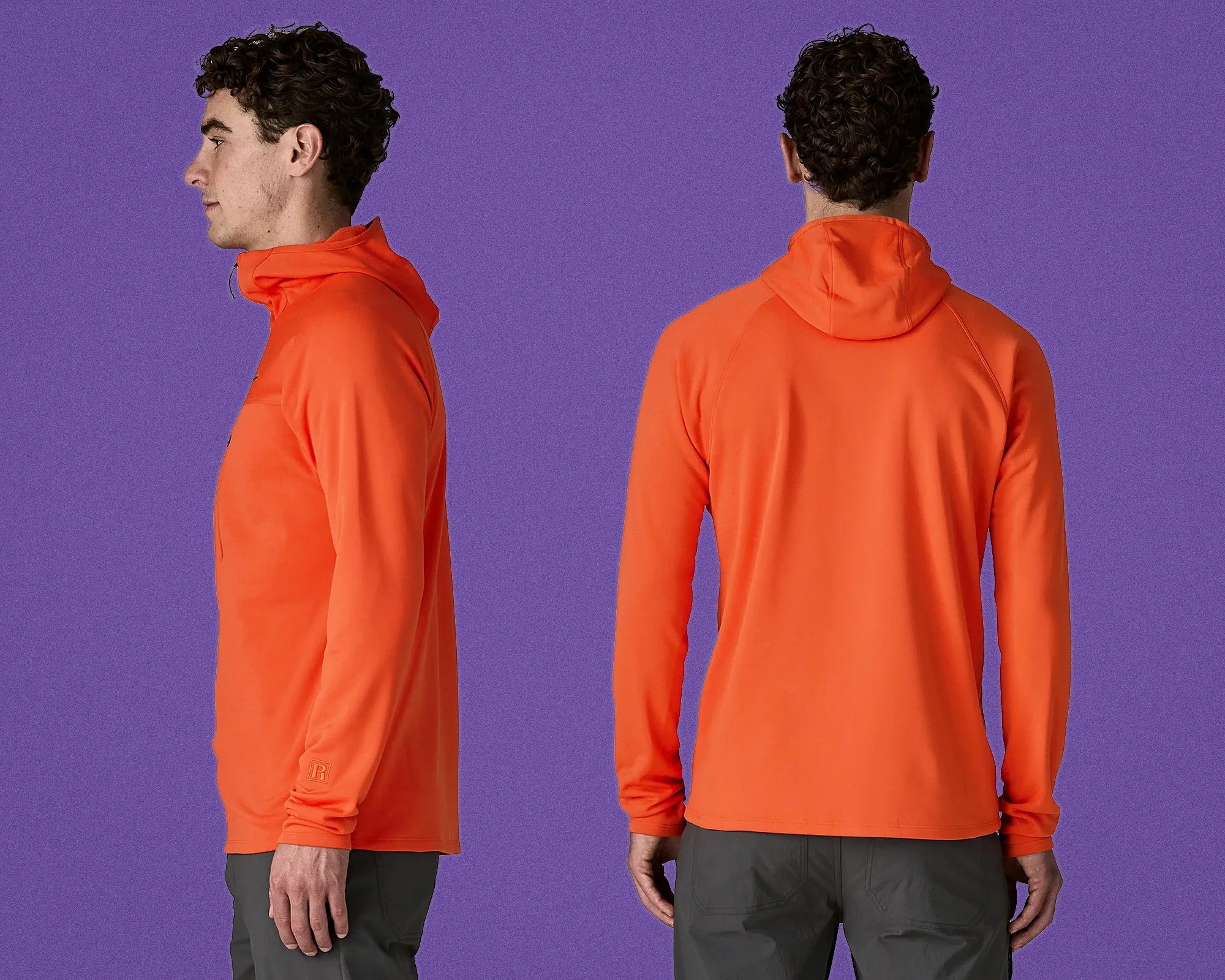 Bright orange long-sleeve hooded pullover worn by a person shown from side and back against a purple background.