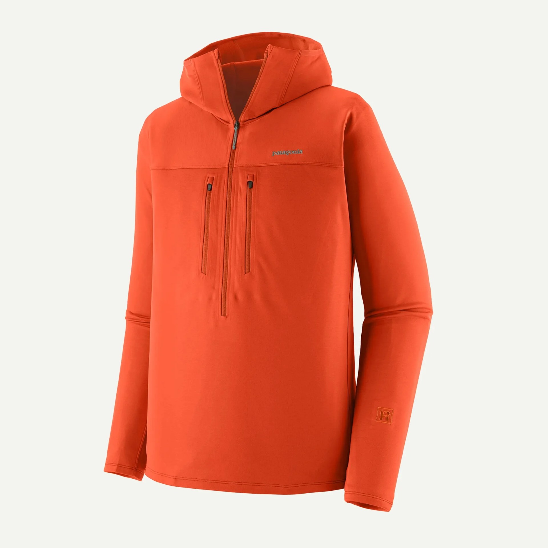 Bright orange Patagonia hooded pullover with a front half-zip and two vertical chest zip pockets.