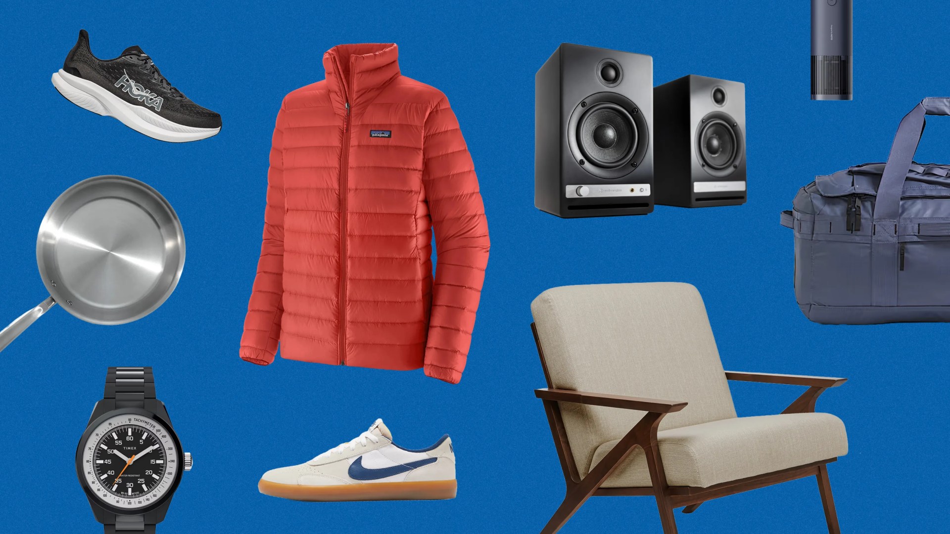 Black and white Hoka running shoe, red Patagonia puffer jacket, stainless steel frying pan, black Timex watch, white Nike sneaker with blue swoosh, black speakers, beige cushioned wooden armchair, blue duffel bag, and a gray cylindrical device on blue background.