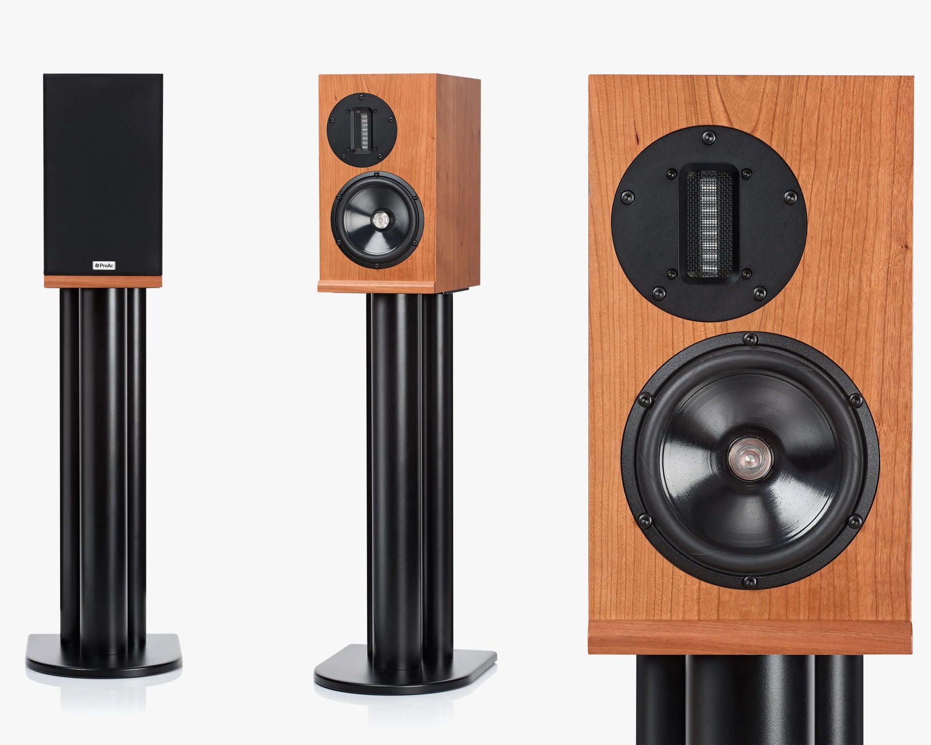 Pair of wooden bookshelf speakers on black metal stands, one with black grille and one without.