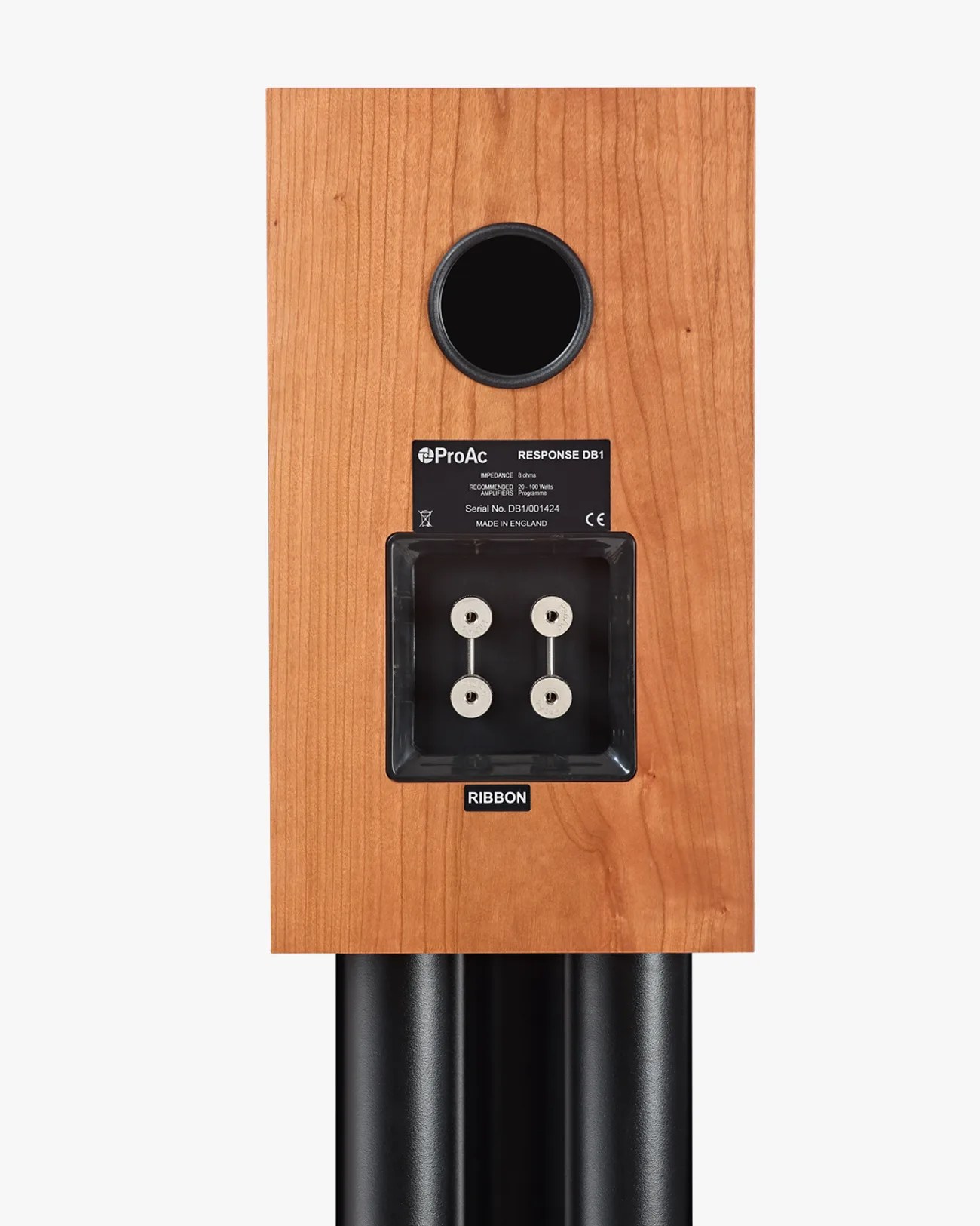Rear view of a ProAc Response DB1 wooden speaker with black speaker terminals and a circular port.