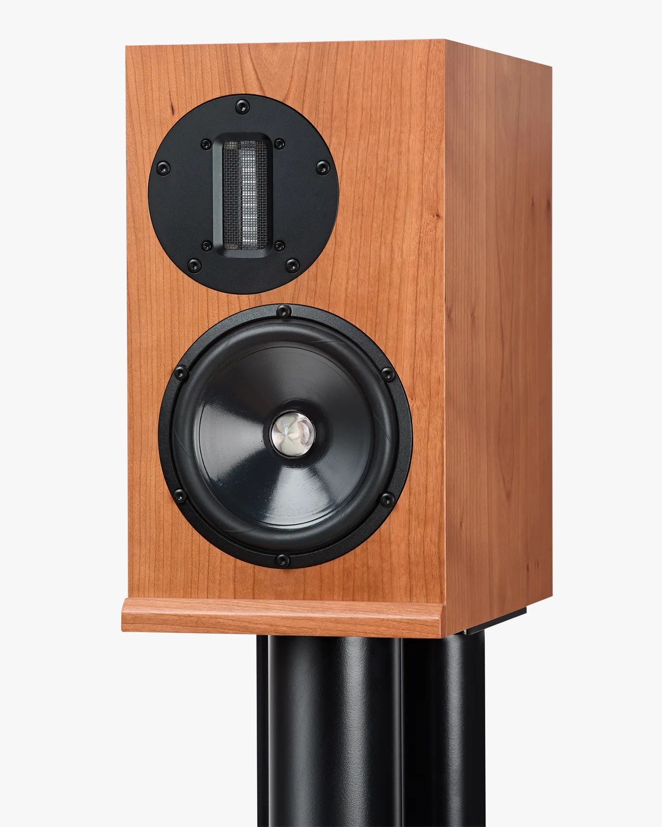Wood-finished bookshelf speaker with black circular tweeter and woofer on a black stand.