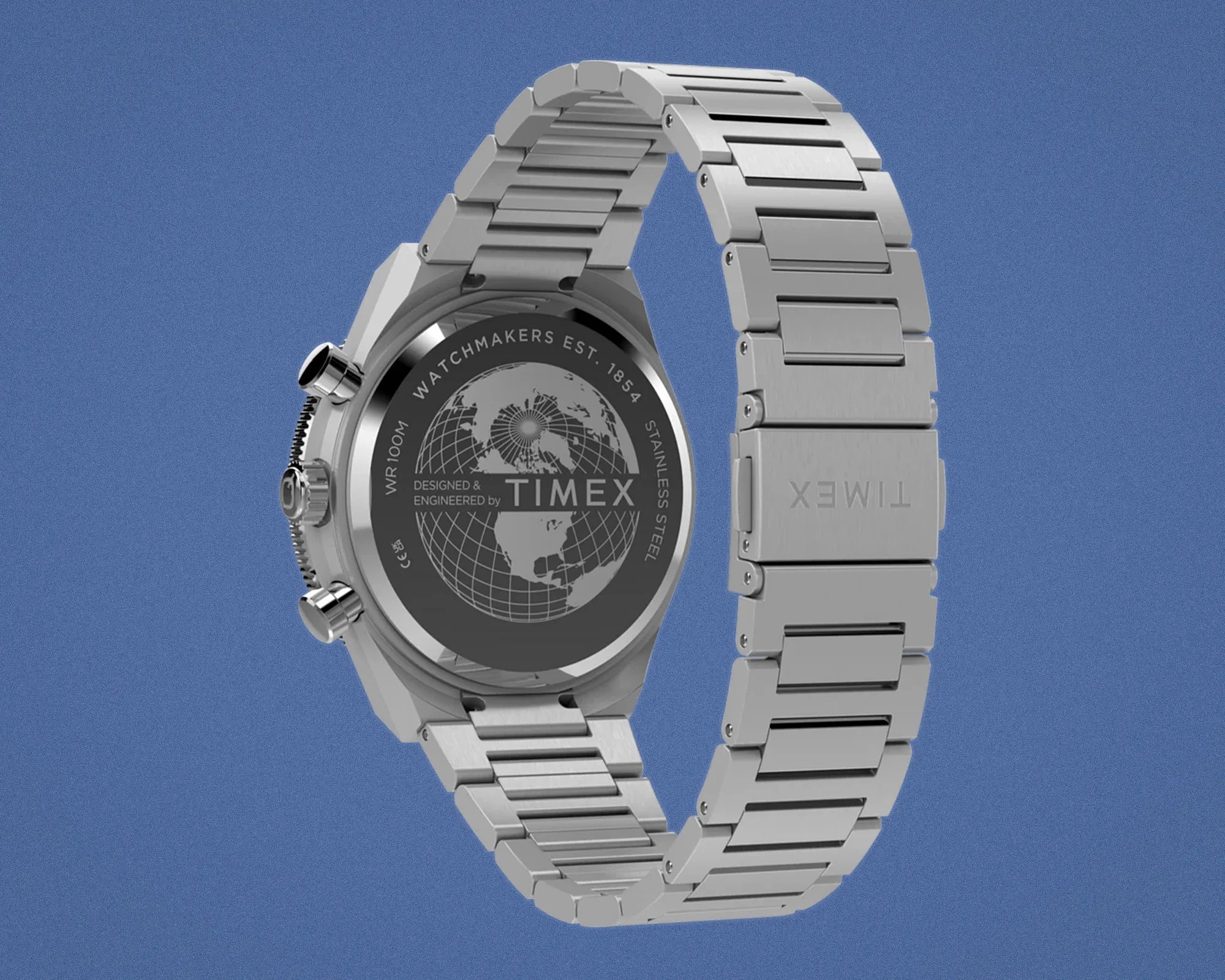 Silver stainless steel Timex wristwatch with engraved world map on the back case and metal link bracelet.