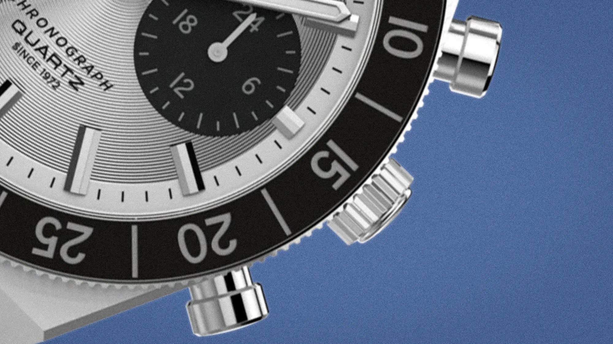 Close-up of a silver chronograph quartz watch with black bezel and push buttons on a blue background.