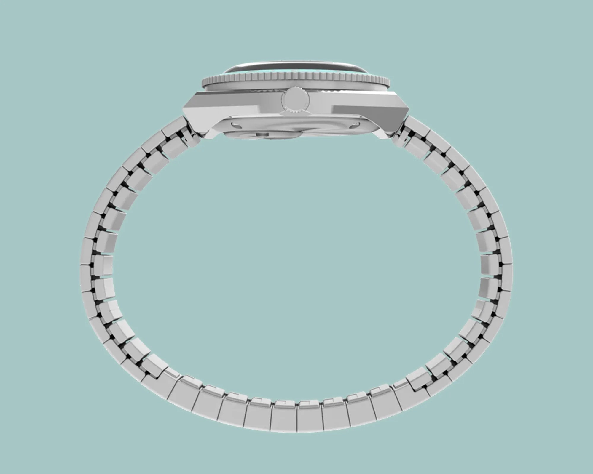 Side view of a silver metal wristwatch with a linked bracelet on a light blue background.