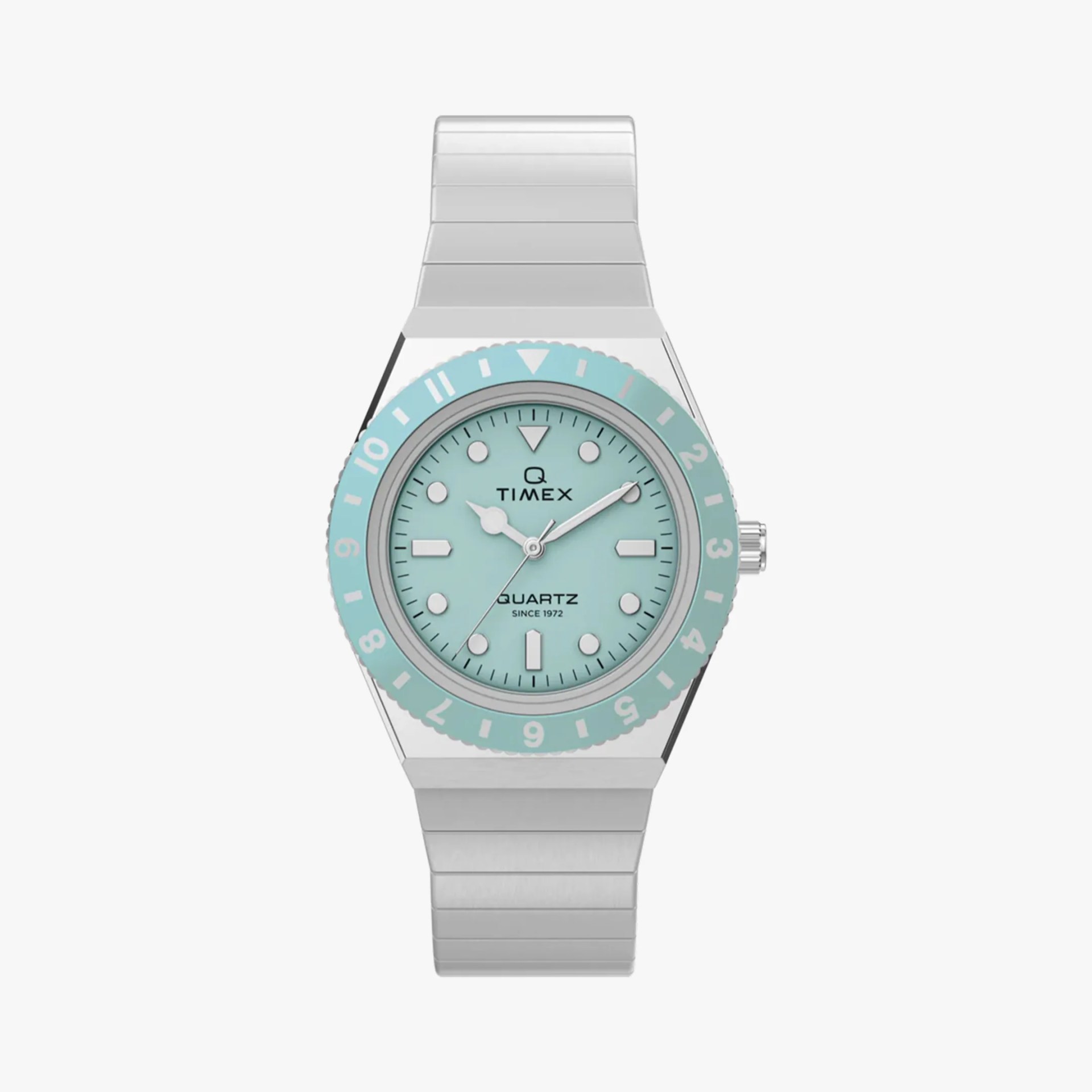 Silver metal Timex wristwatch with a light blue dial and matching bezel, featuring white hour markers and hands.