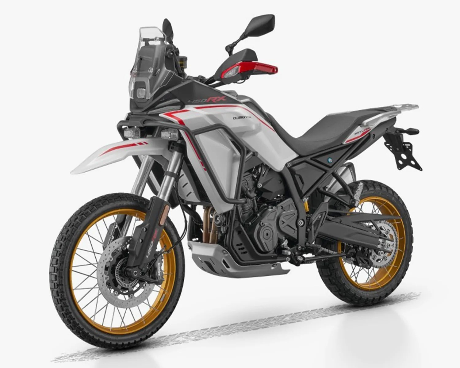White and black adventure motorcycle with red accents and gold rims on a white background.