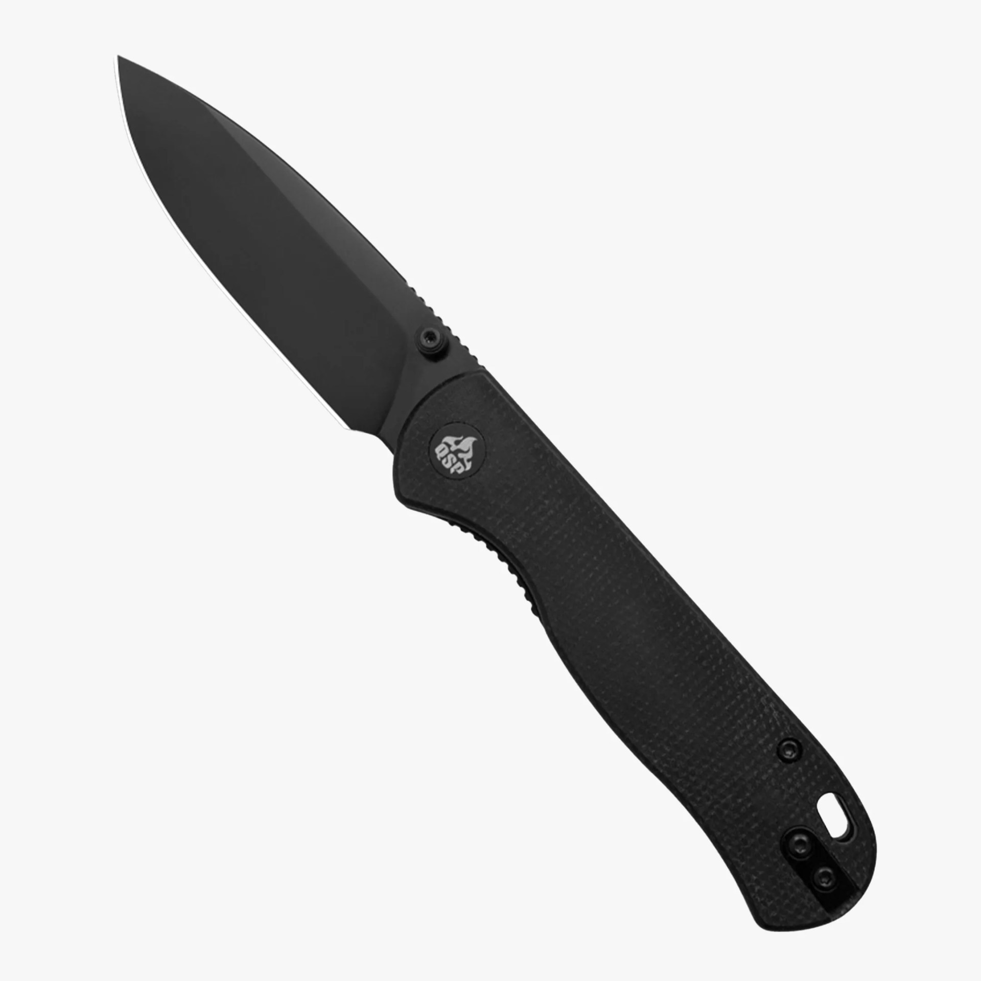 Black folding knife with textured handle and partially serrated blade, featuring a thumb stud for opening.