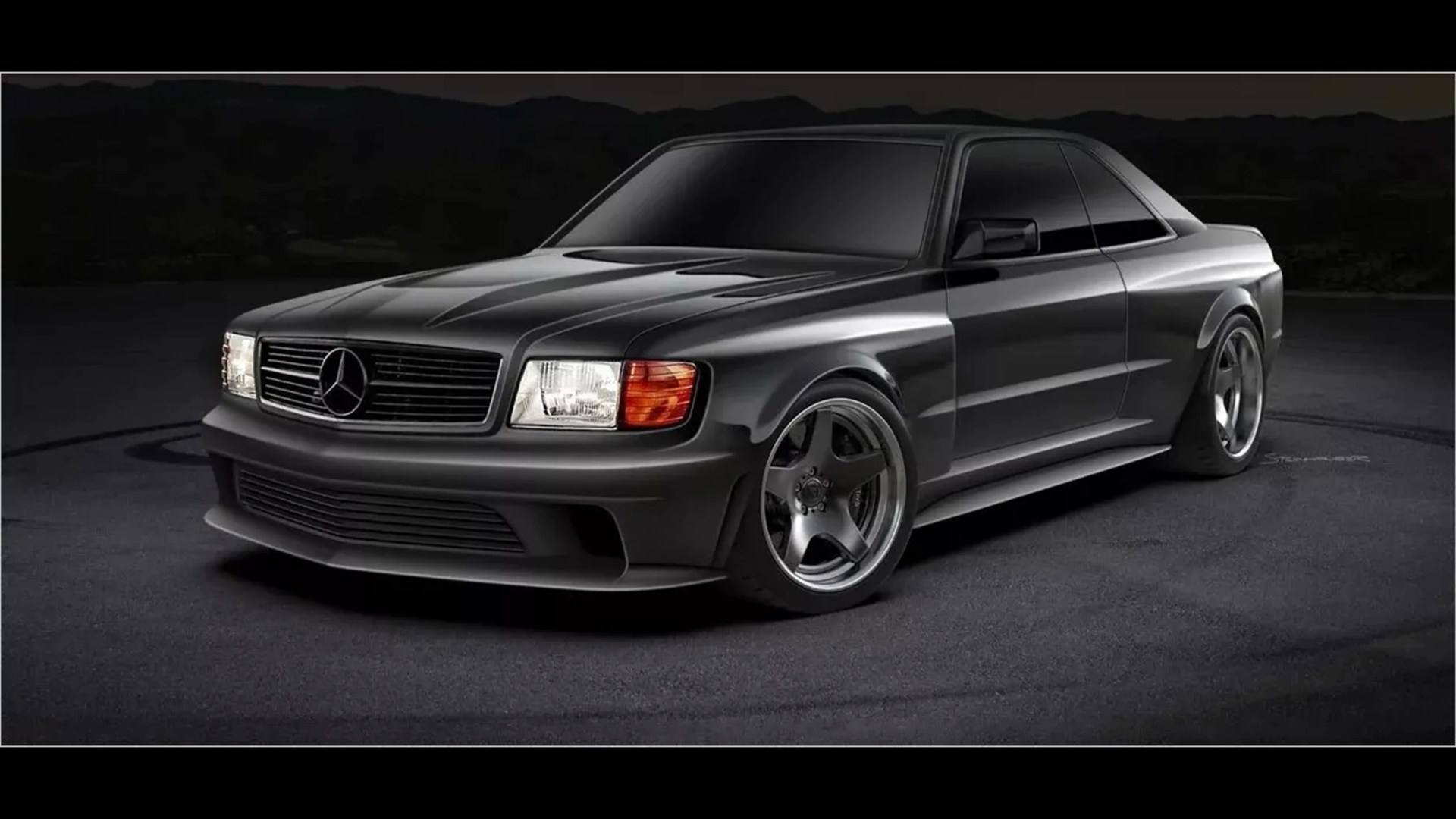 Matte black Mercedes-Benz coupe with tinted windows and five-spoke alloy wheels on asphalt.