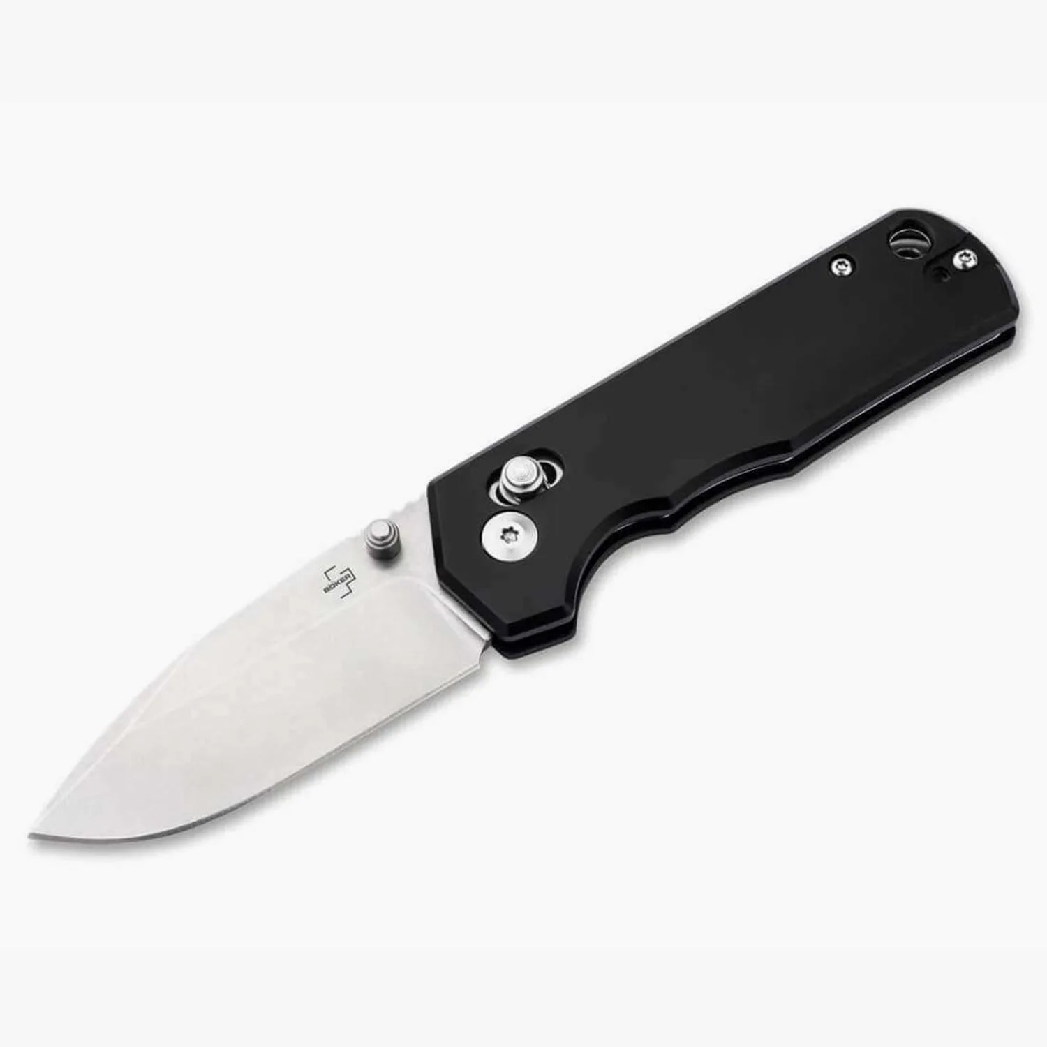 Folding pocket knife with a stainless steel blade and black handle.