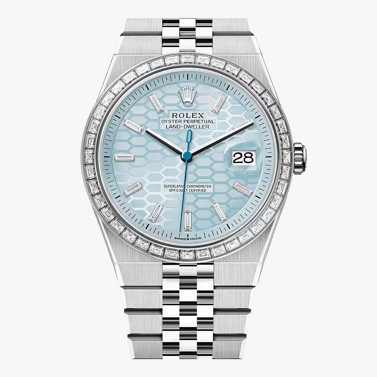 Rolex Oyster Perpetual Land-Dweller watch with light blue honeycomb dial, diamond bezel, and silver metal bracelet.