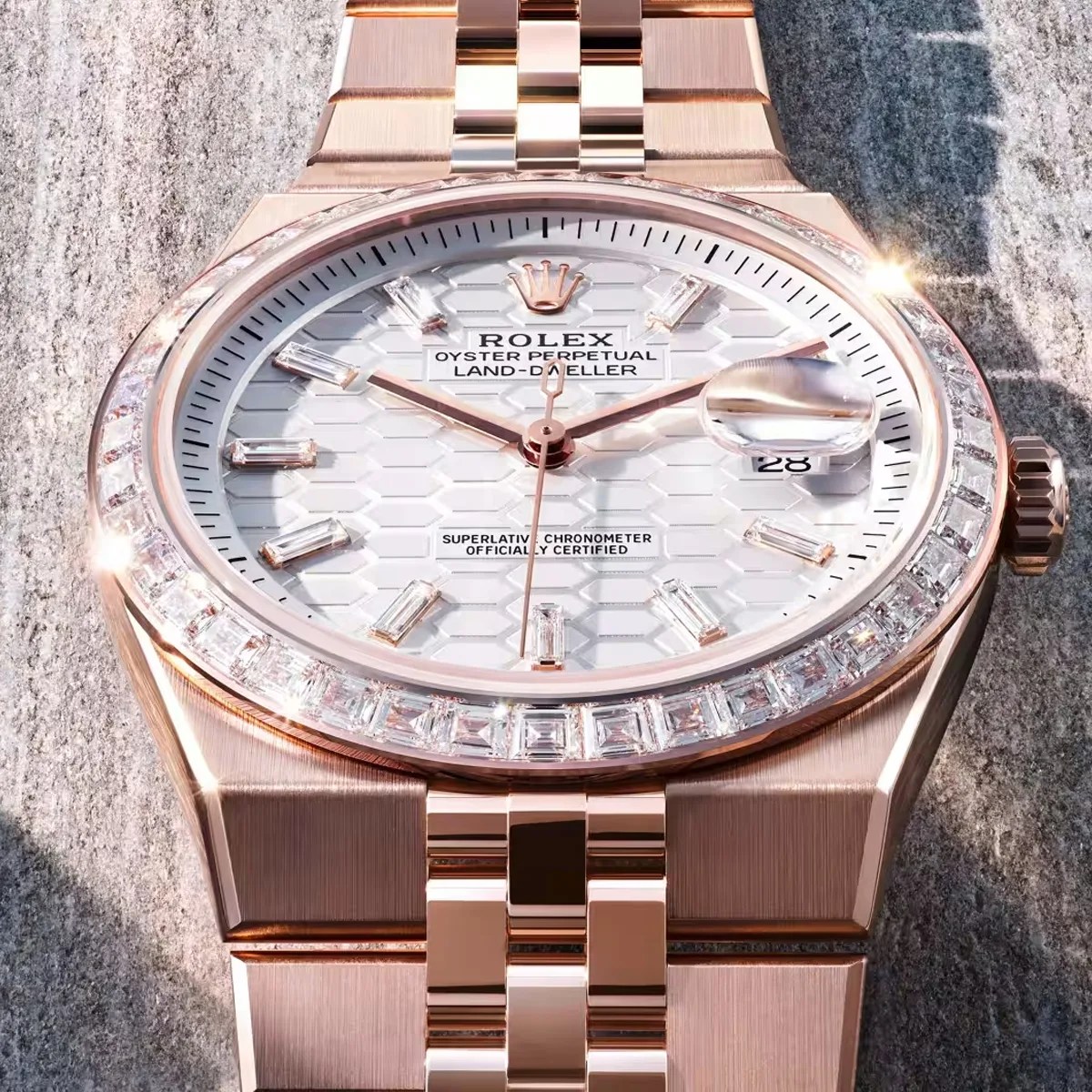 Rose gold Rolex Oyster Perpetual Land-Dweller watch with diamond bezel and white textured dial on a stone surface.