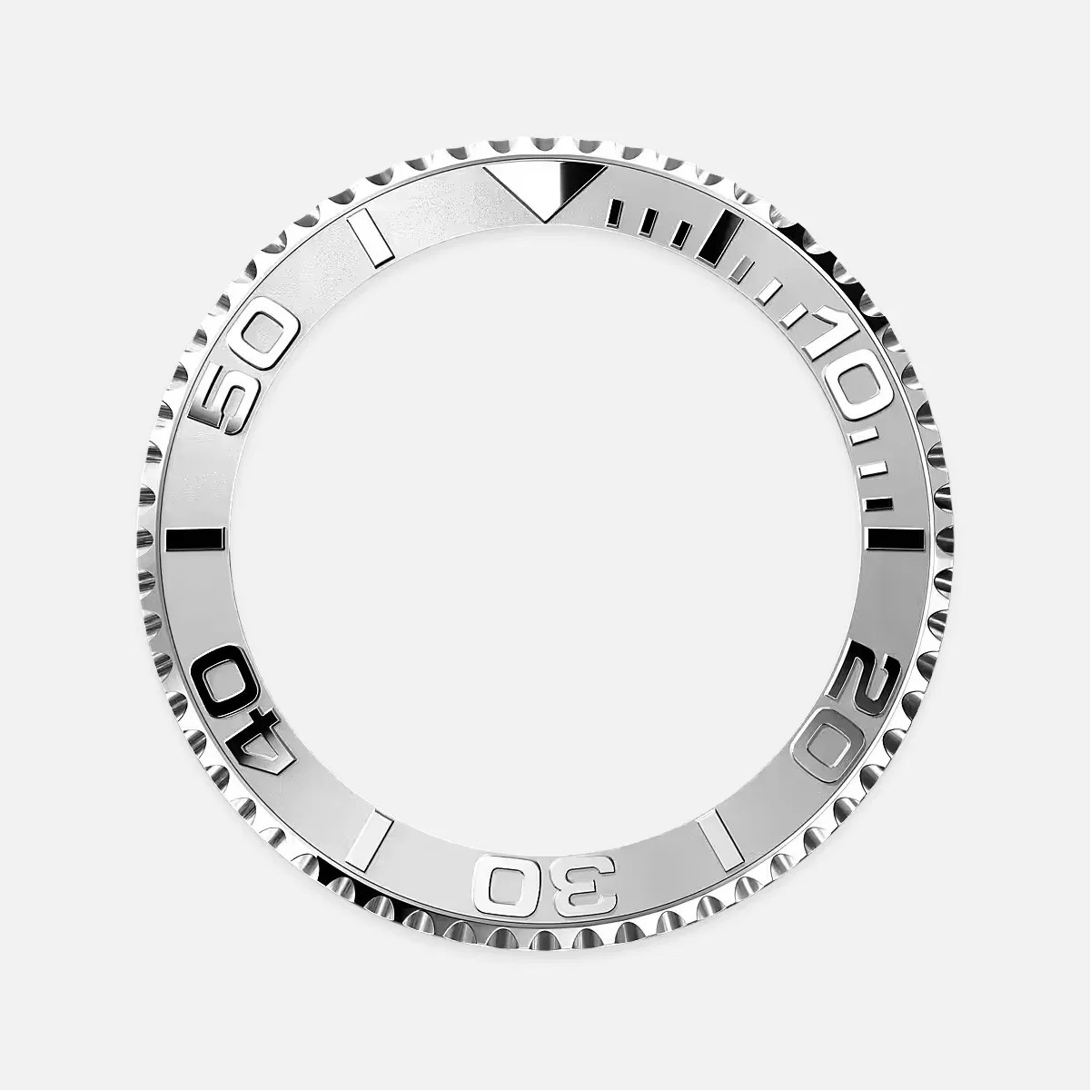 Silver watch bezel with engraved black and silver numerals and markers on a white background.