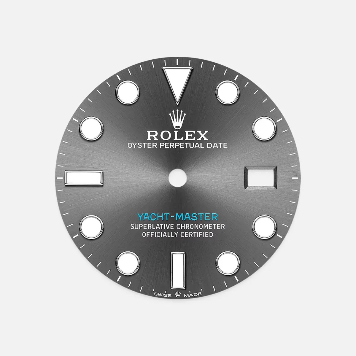 Gray sunburst Rolex Yacht-Master watch dial with white hour markers and blue "Yacht-Master" text.