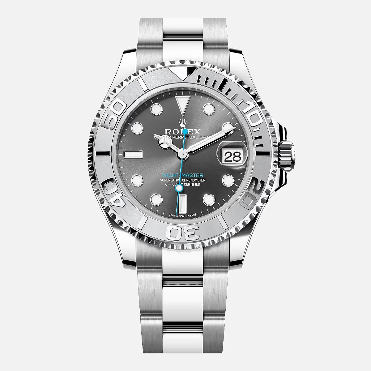 Rolex Yacht-Master watch with a silver stainless steel bracelet and a gray dial with luminous markers and date display.