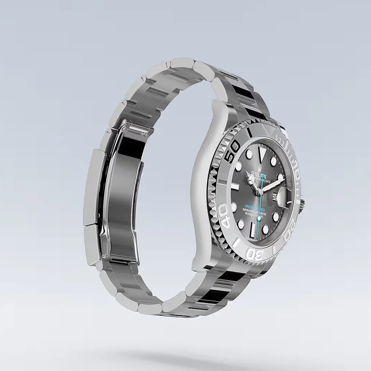 Silver Rolex Yacht-Master watch with a dark gray dial and stainless steel bracelet.
