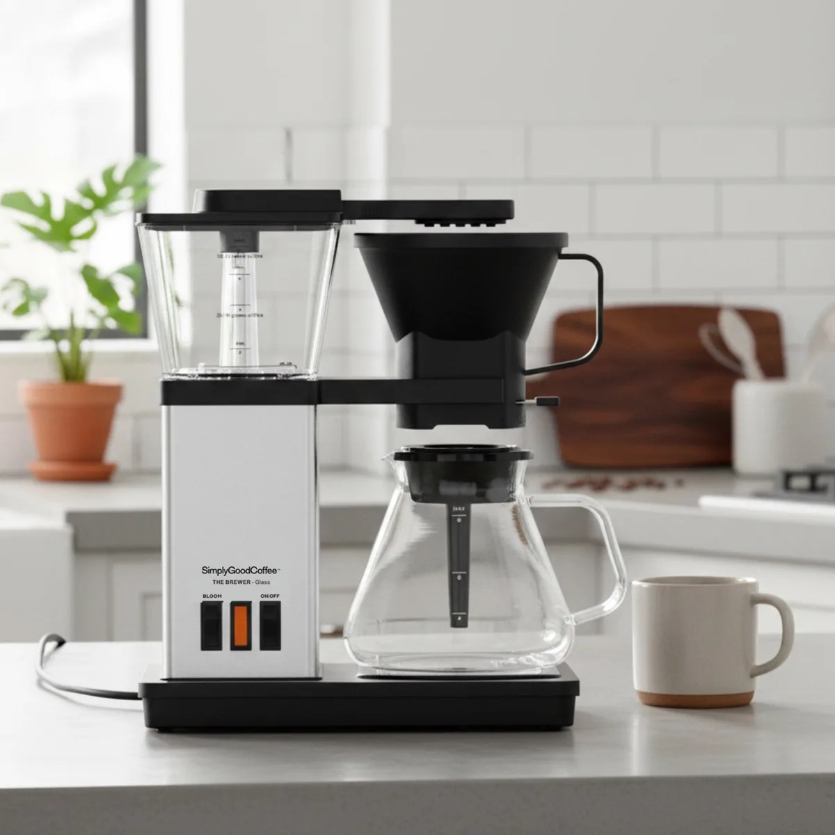 Black and silver drip coffee maker with glass carafe on a kitchen counter next to a beige mug.