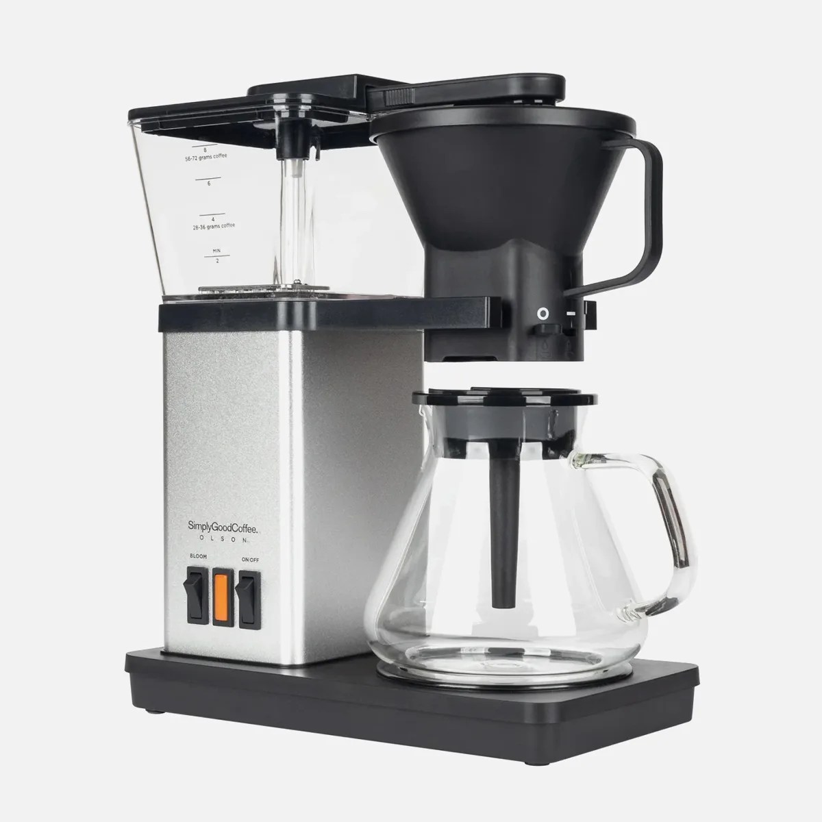 Silver and black drip coffee maker with glass carafe and water reservoir marked with coffee measurements.
