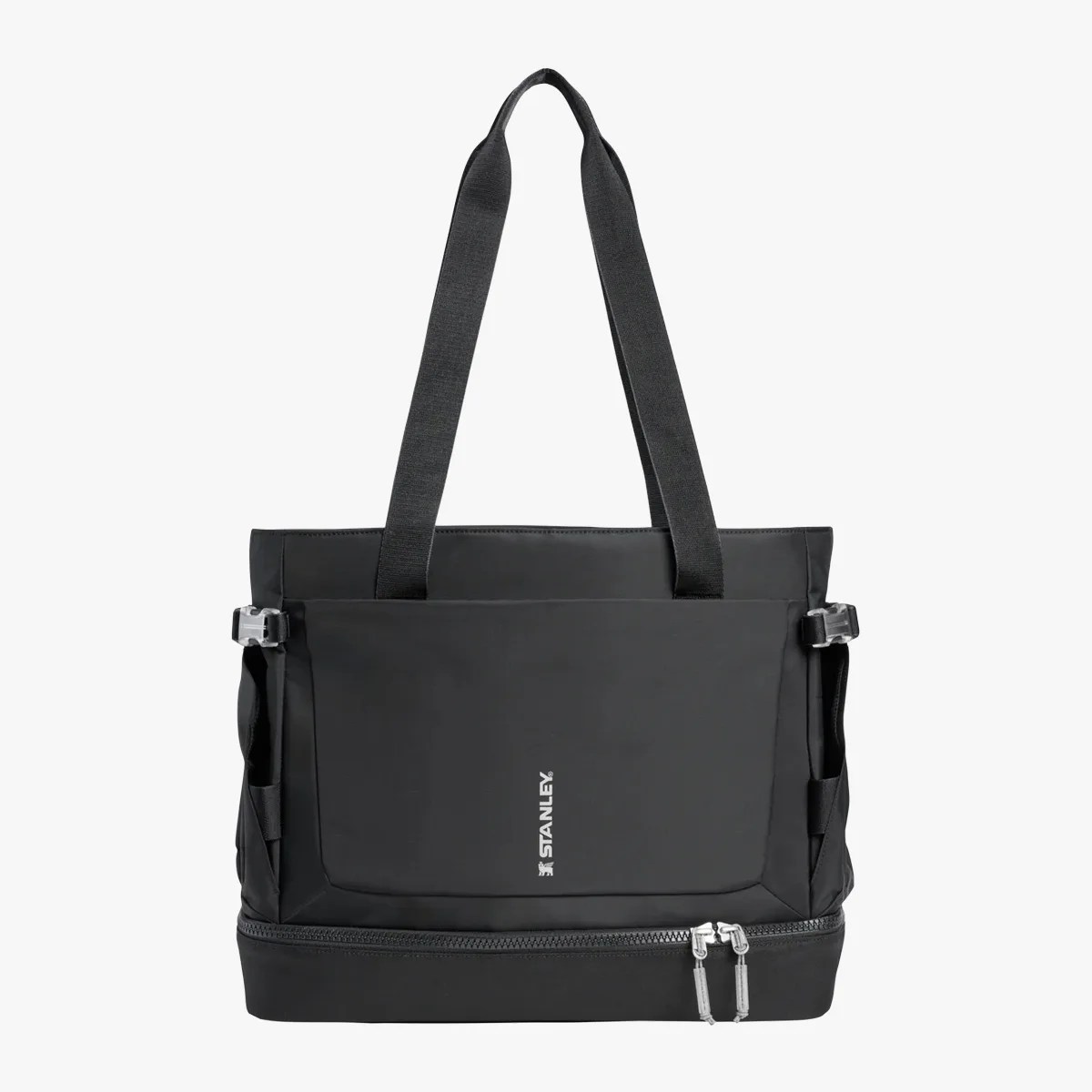 Black Stanley tote bag with dual handles, front pocket, side buckles, and bottom zipper compartment.
