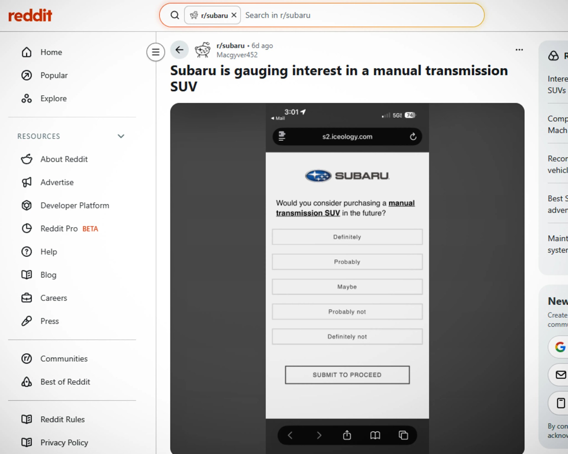 Screenshot of a Reddit post titled "Subaru is gauging interest in a manual transmission SUV" showing a Subaru survey asking if users would consider purchasing a manual transmission SUV with response options from "Definitely" to "Definitely not.
