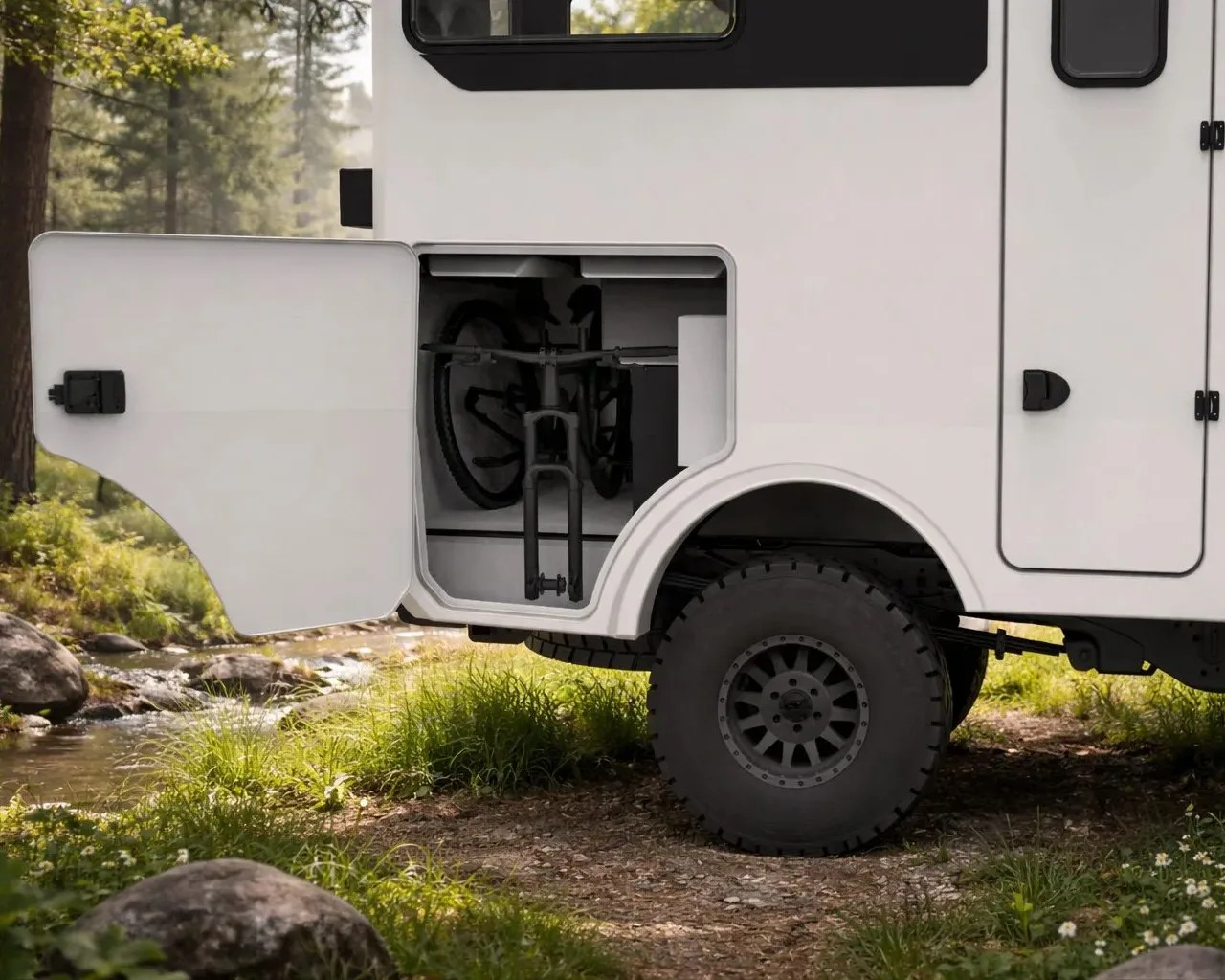 White camper van with an open side storage compartment holding a folded black bicycle.