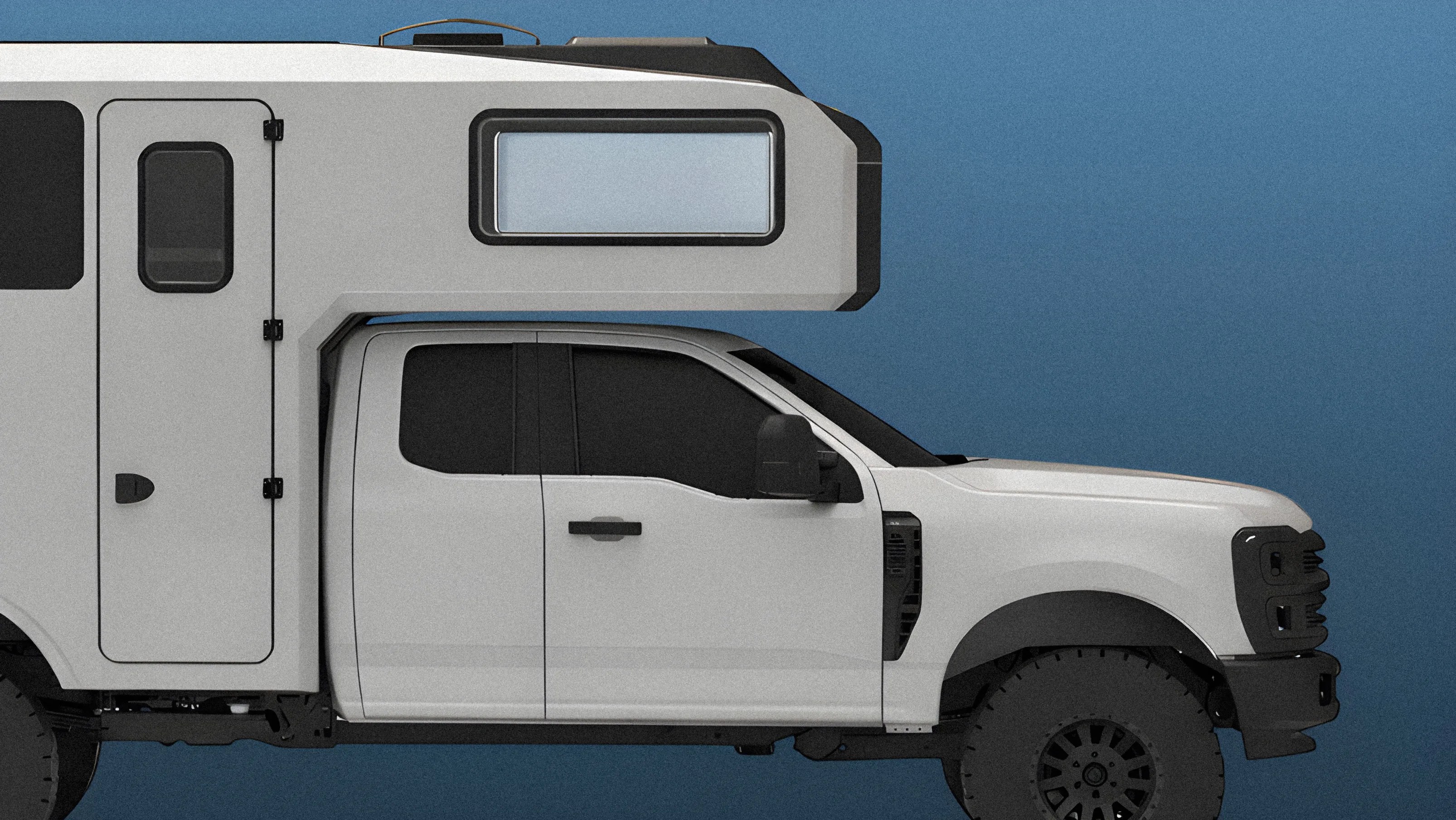 White camper truck with black trim and large off-road tires against a blue background.