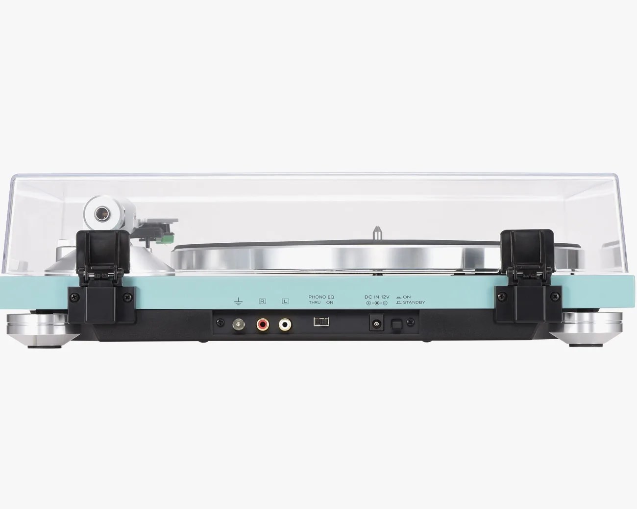 Turntable with a light blue base, clear dust cover, and RCA audio output ports on the back panel.