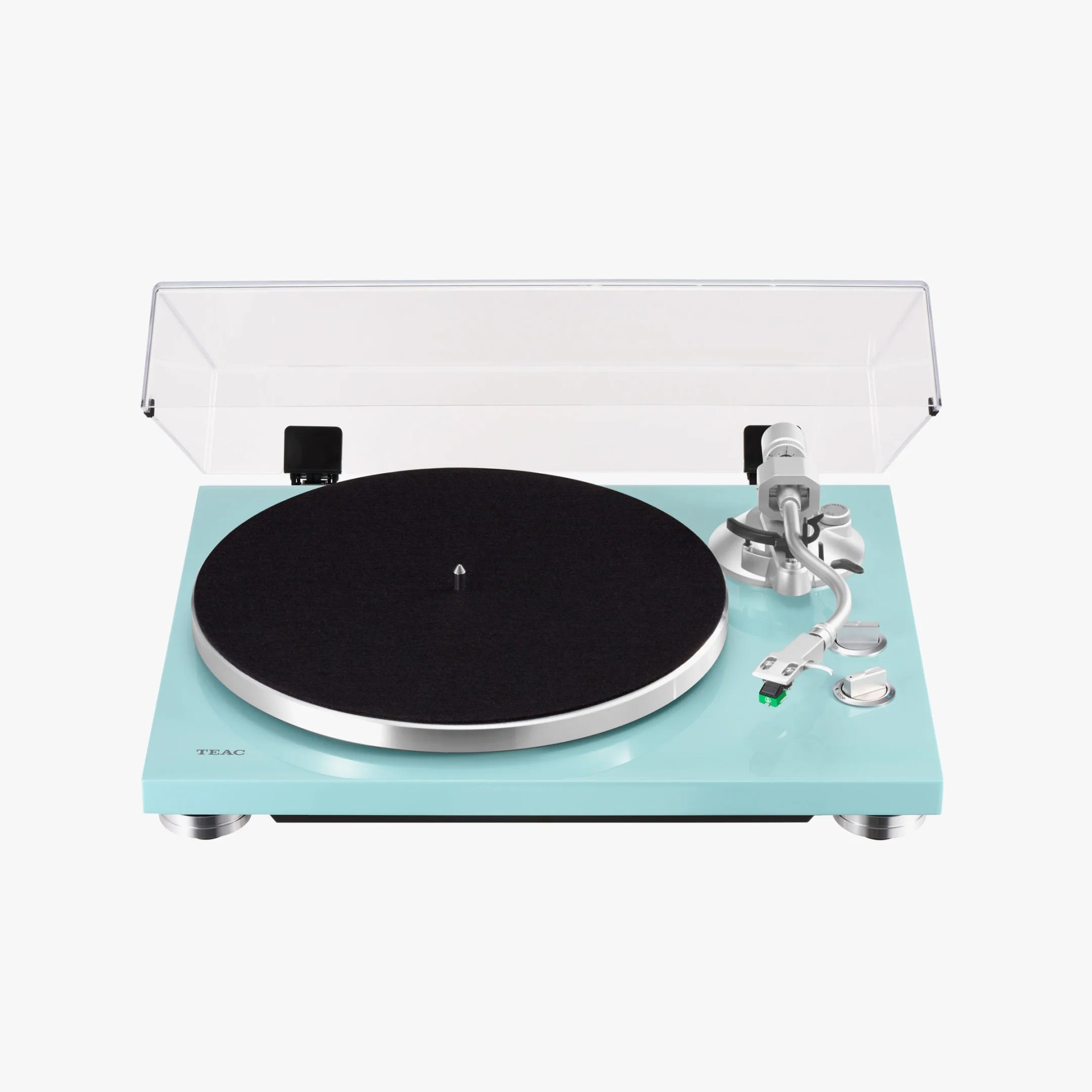 Light blue TEAC turntable with silver tonearm and clear dust cover open.