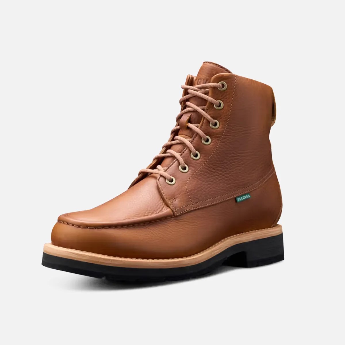 Brown leather lace-up ankle boot with black sole and beige welt stitching on a white background.