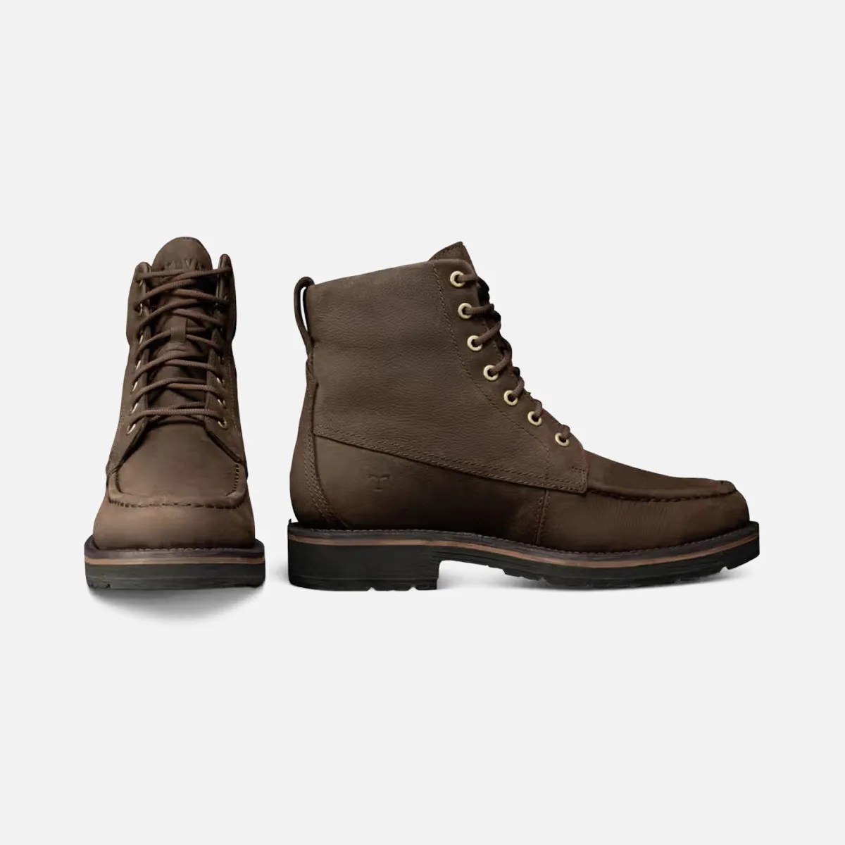 Pair of brown leather lace-up boots with black soles, one shown front-facing and the other side-facing.