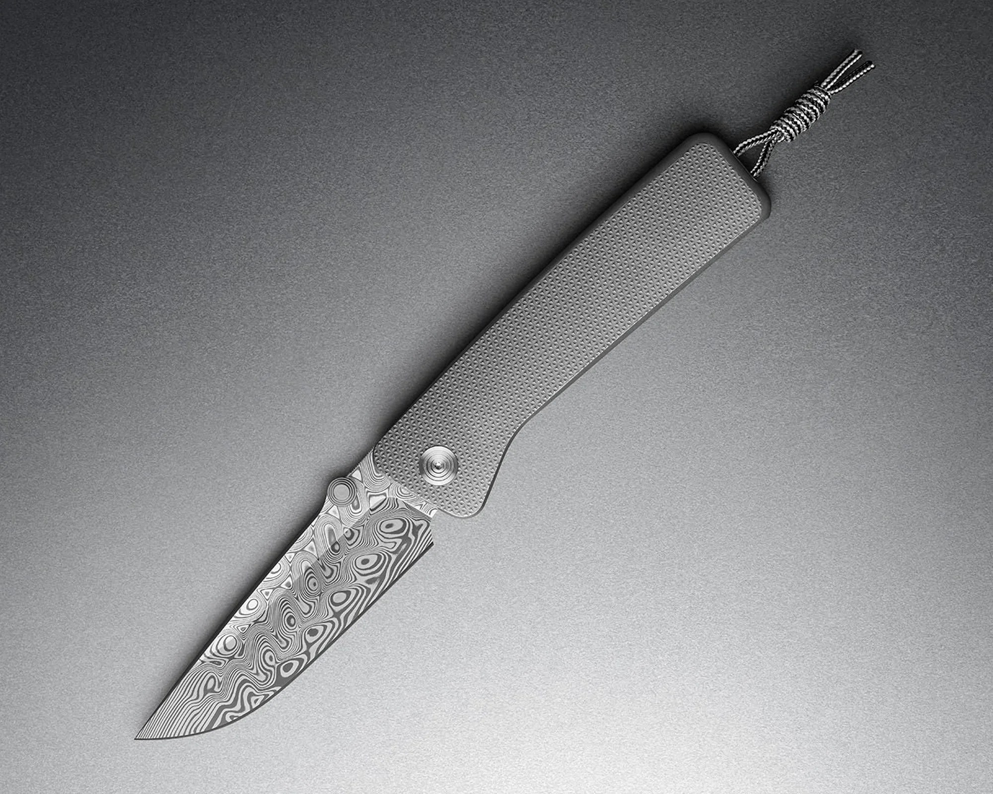 Folding knife with a patterned Damascus steel blade and textured gray handle with a lanyard loop.