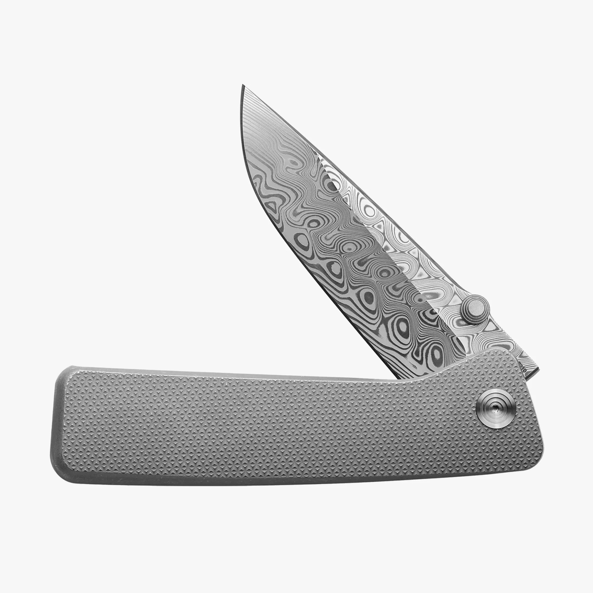 Folding knife with a textured gray handle and a partially open Damascus steel blade showing intricate patterns.