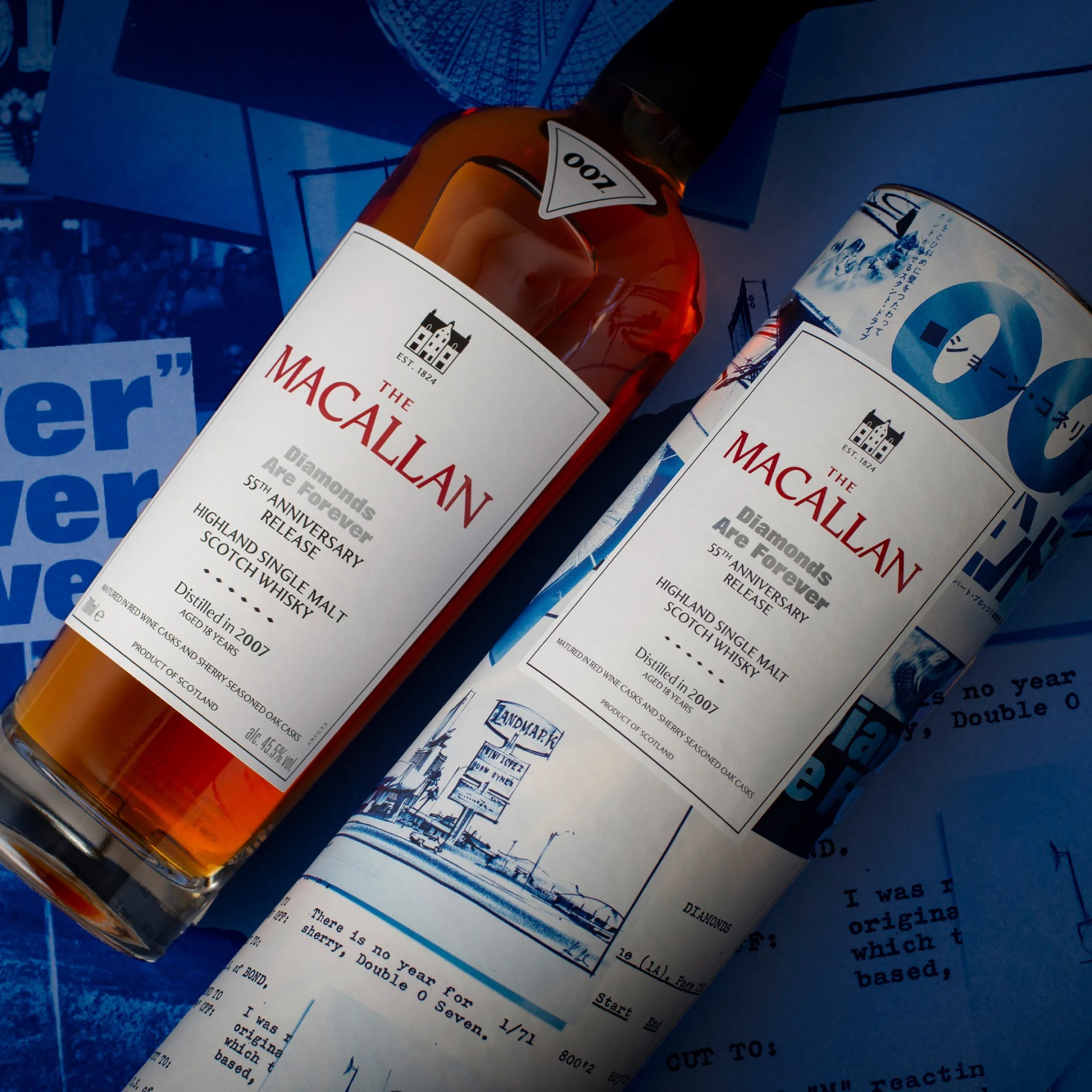 Bottle and cylindrical box of The Macallan Diamonds Are Forever 55th Anniversary Release Highland Single Malt Scotch Whisky.