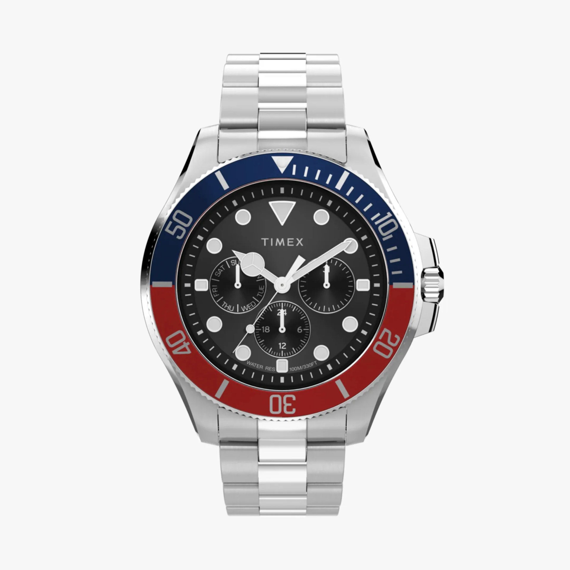 Silver stainless steel Timex wristwatch with black dial, red and blue bezel, and three subdials.