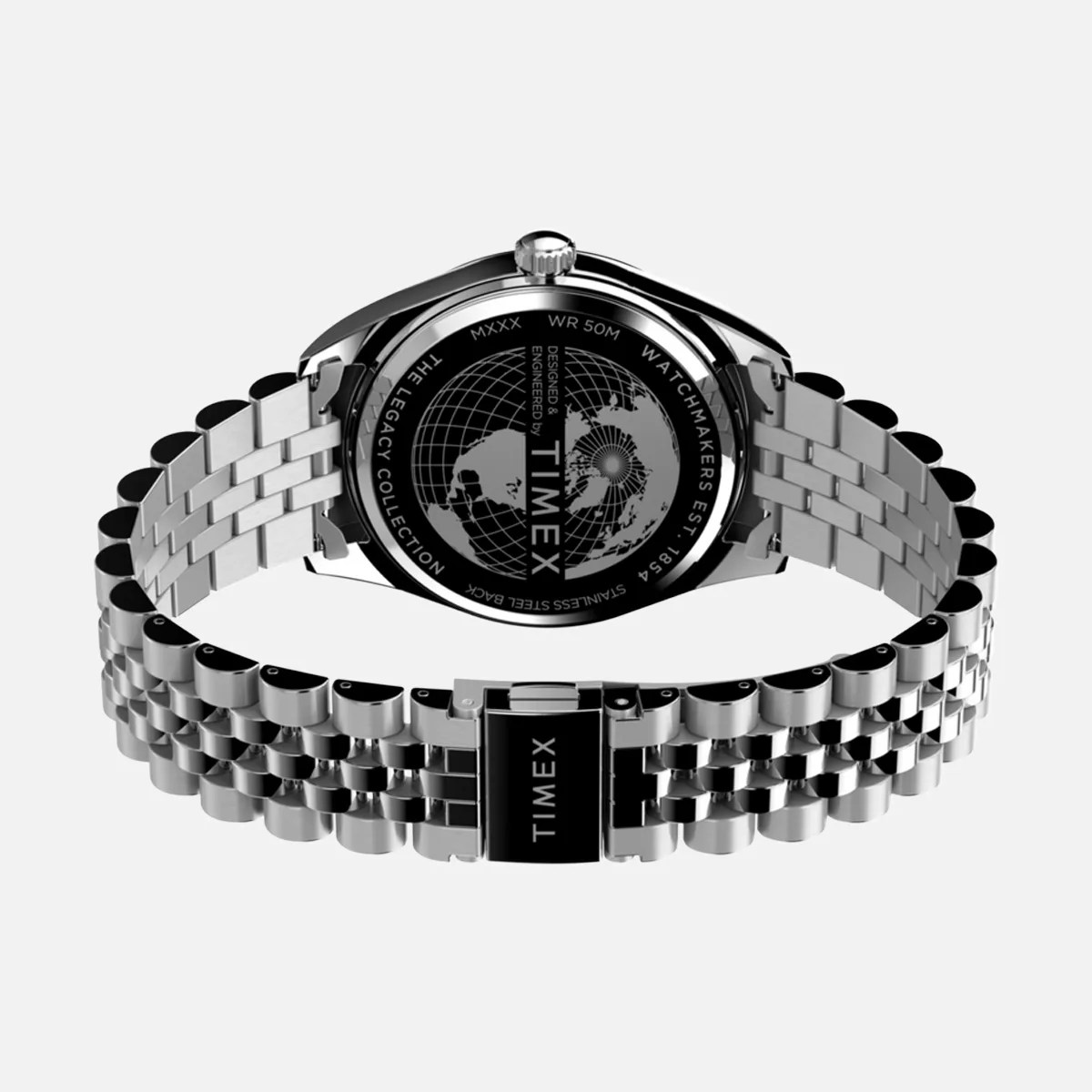 Silver stainless steel Timex watch band with black clasp and engraved globe design on the back of the watch case.