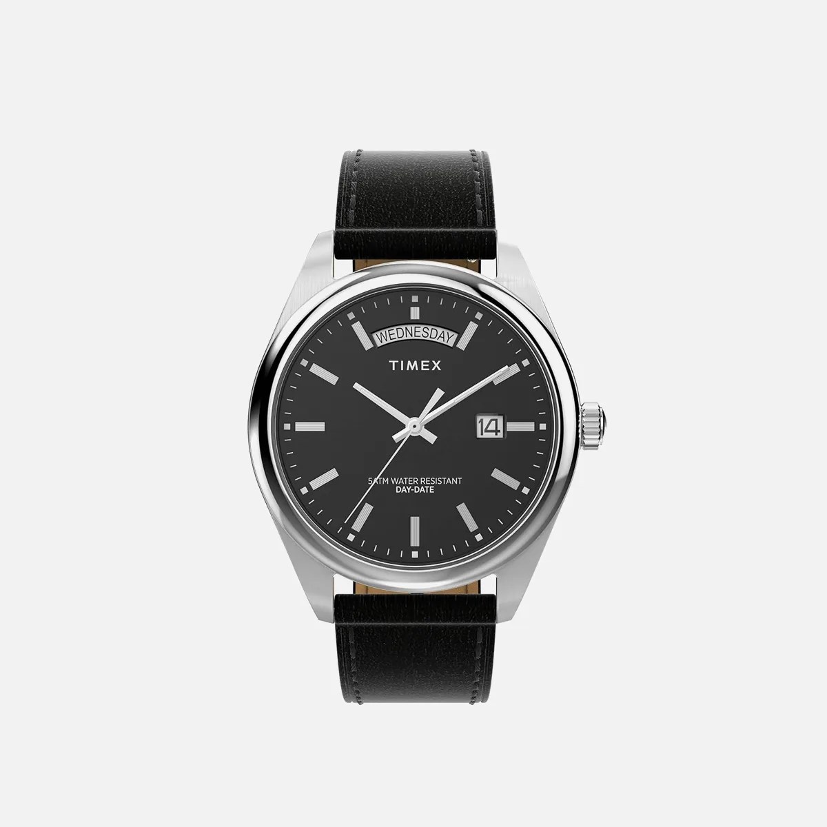 Timex wristwatch with black dial, silver markers, day-date display, silver case, and black leather strap.