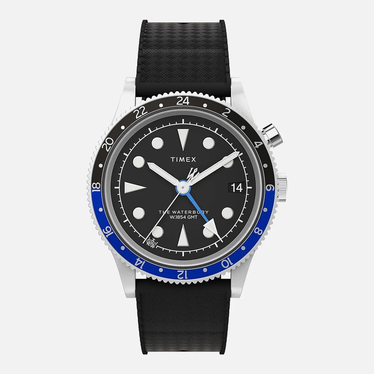 Black Timex Waterbury GMT watch with silver case, blue and black bezel, and textured black strap.
