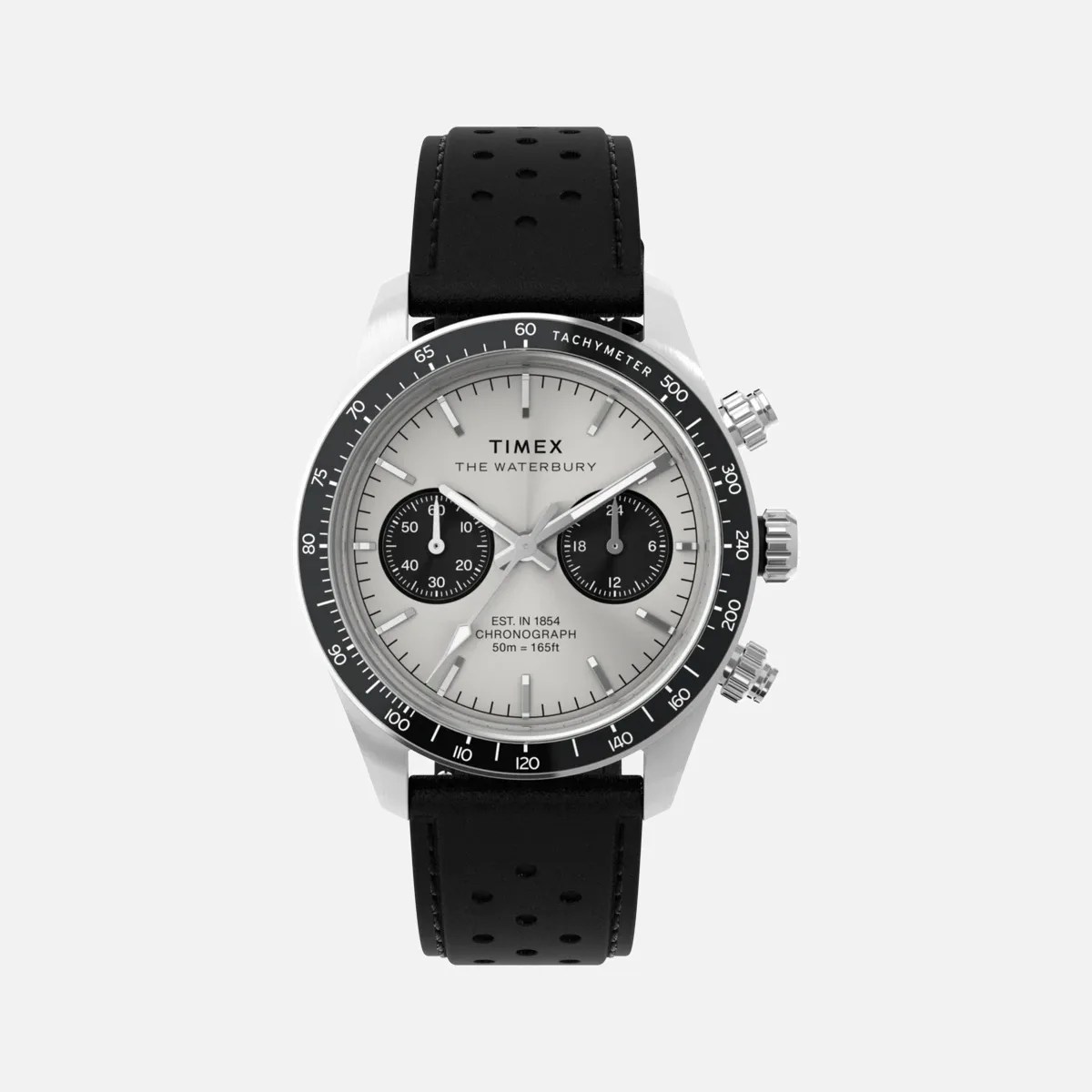 Silver Timex Waterbury chronograph watch with black tachymeter bezel and perforated black leather strap.