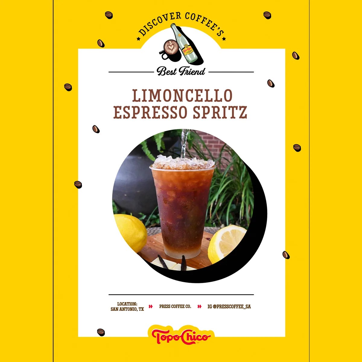 Cold Limoncello espresso spritz in a clear plastic cup with ice, surrounded by lemon halves and vanilla pods.