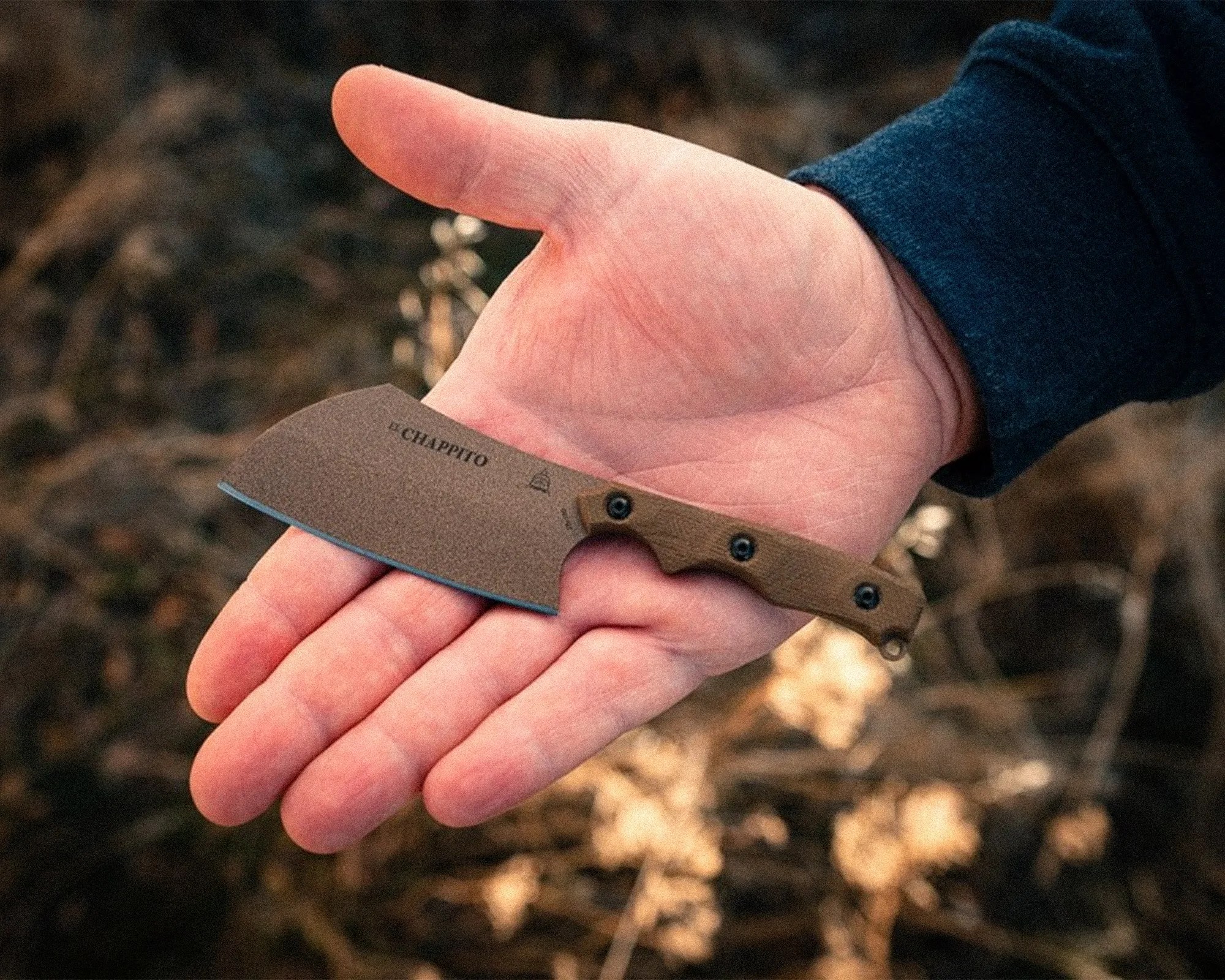 Small brown-handled knife with a broad blade labeled "E. CHAPPITO" held in an open hand.